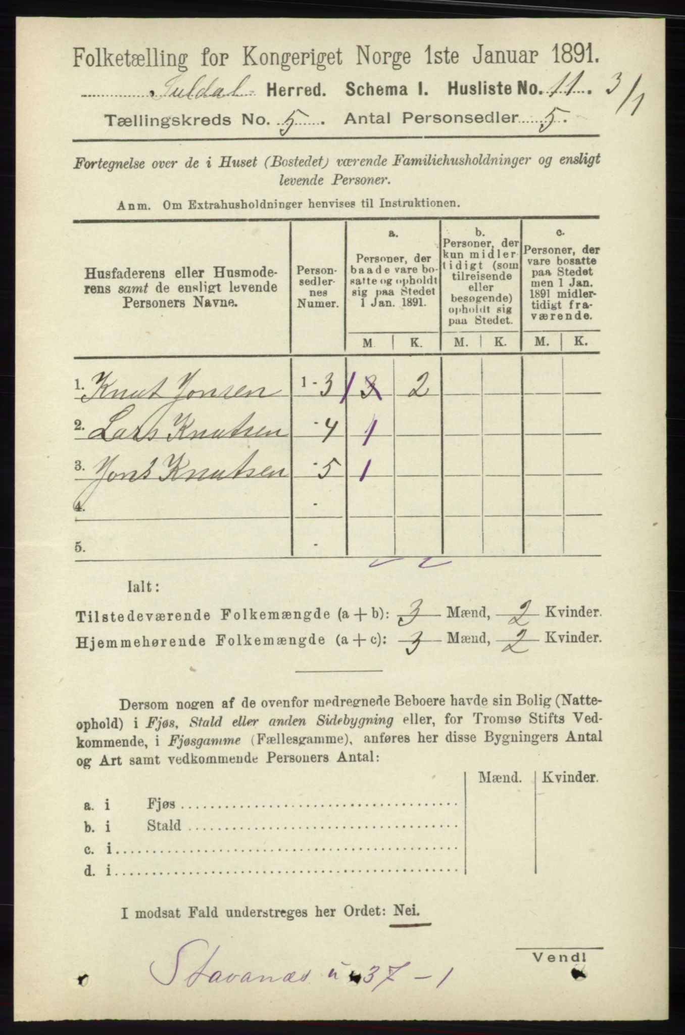 RA, 1891 census for 1134 Suldal, 1891, p. 1454