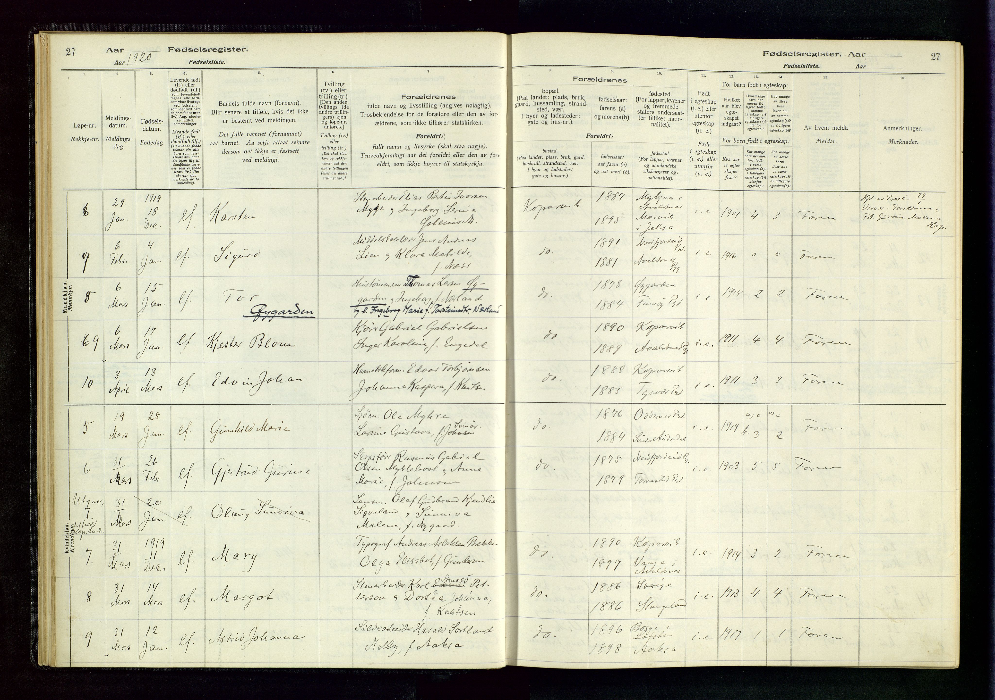 Kopervik sokneprestkontor, AV/SAST-A-101850/I/Id/L0001: Birth register no. 1, 1916-1952, p. 27