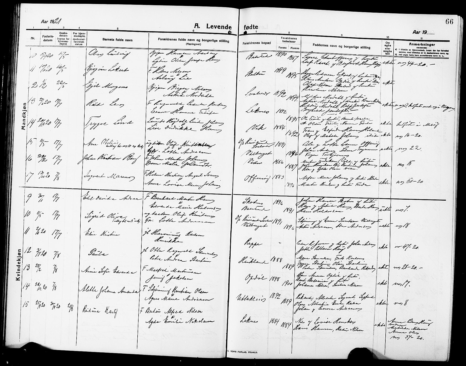 Ministerialprotokoller, klokkerbøker og fødselsregistre - Nordland, SAT/A-1459/881/L1169: Parish register (copy) no. 881C06, 1912-1930, p. 66