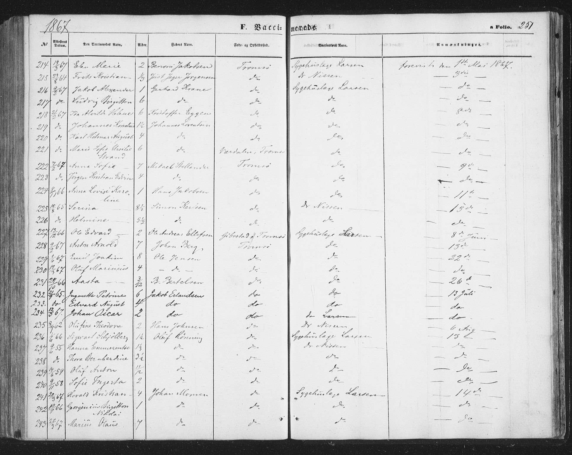 Tromsø sokneprestkontor/stiftsprosti/domprosti, SATØ/S-1343/G/Ga/L0012kirke: Parish register (official) no. 12, 1865-1871, p. 251