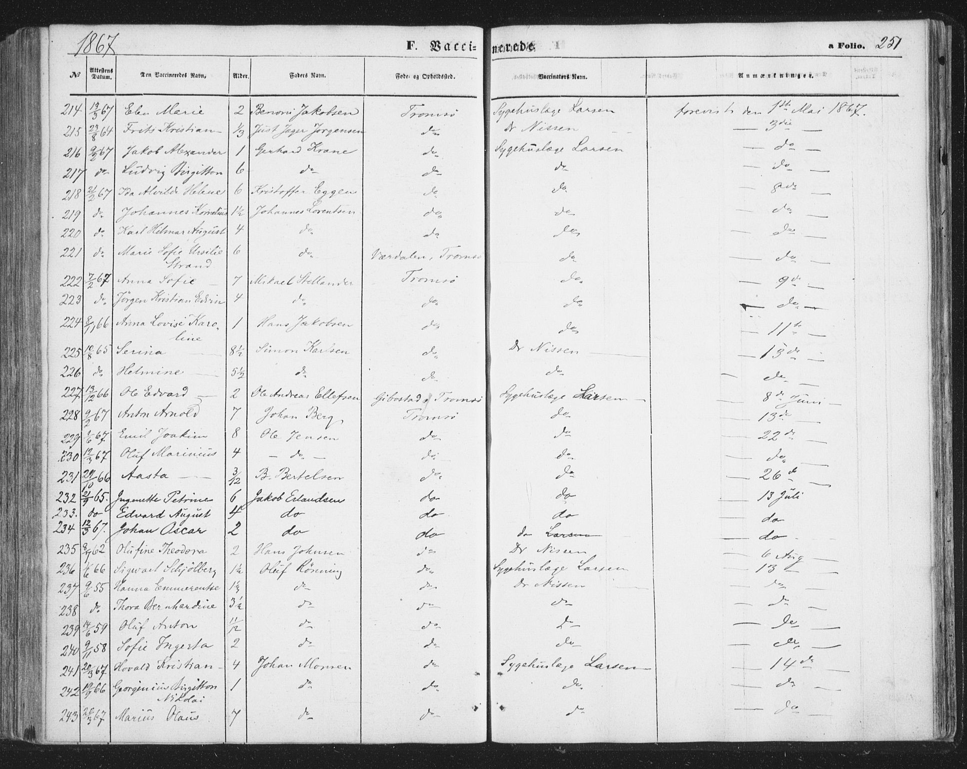 Tromsø sokneprestkontor/stiftsprosti/domprosti, AV/SATØ-S-1343/G/Ga/L0012kirke: Parish register (official) no. 12, 1865-1871, p. 251