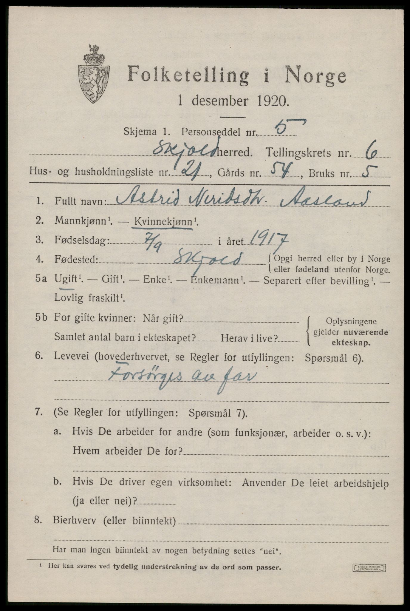 SAST, 1920 census for Skjold, 1920, p. 3356