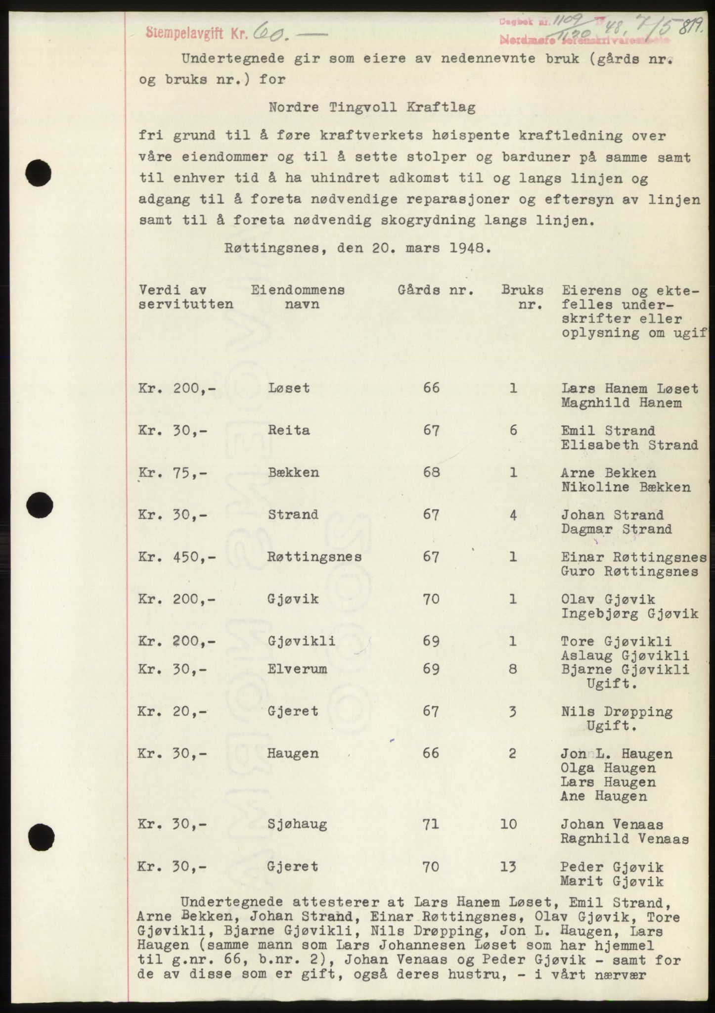 Nordmøre sorenskriveri, AV/SAT-A-4132/1/2/2Ca: Mortgage book no. B98, 1948-1948, Diary no: : 1109/1948