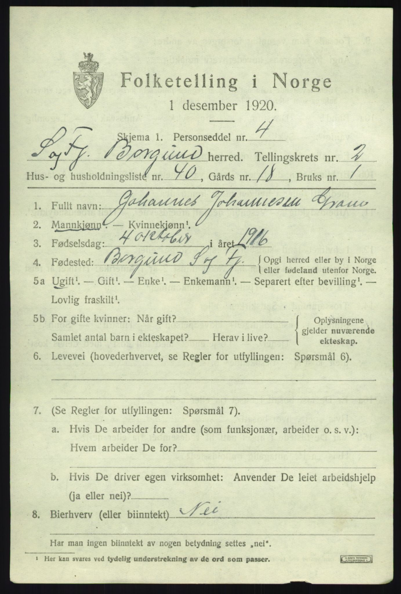 SAB, 1920 census for Borgund, 1920, p. 1086