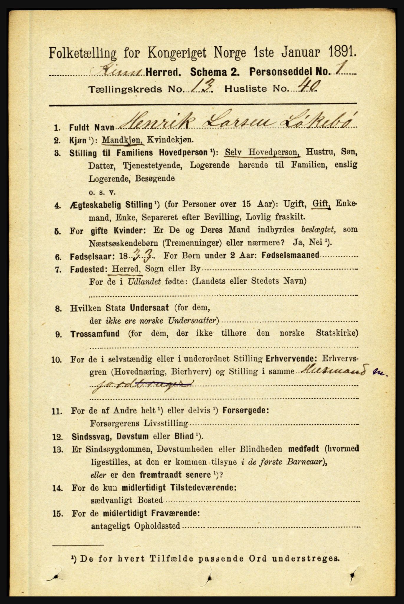 RA, 1891 census for 1437 Kinn, 1891, p. 5331