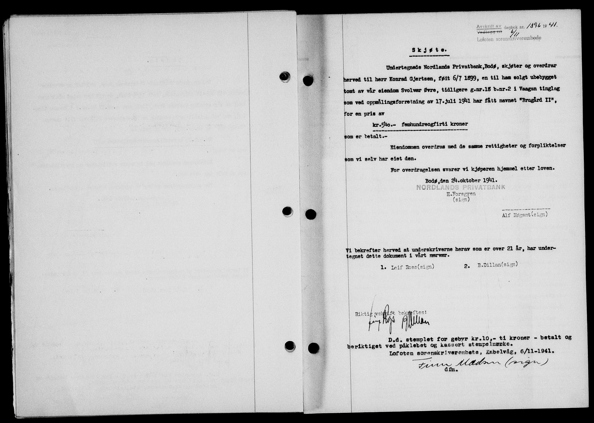 Lofoten sorenskriveri, SAT/A-0017/1/2/2C/L0009a: Mortgage book no. 9a, 1941-1942, Diary no: : 1896/1941