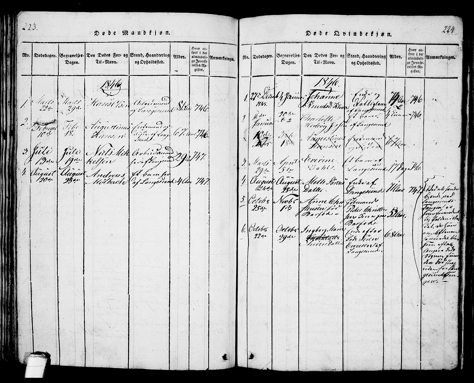 Langesund kirkebøker, SAKO/A-280/G/Ga/L0003: Parish register (copy) no. 3, 1815-1858, p. 223-224