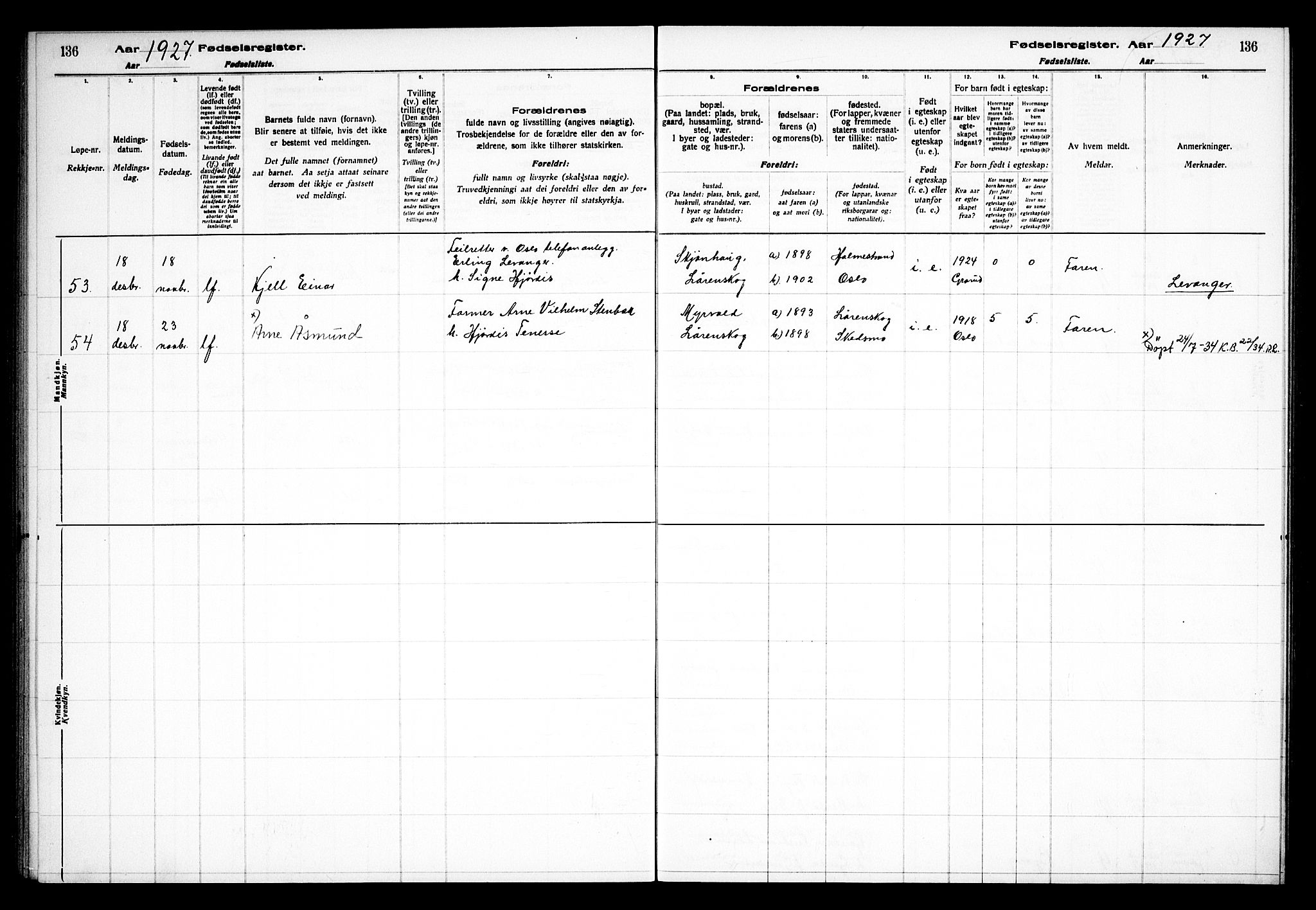 Skedsmo prestekontor Kirkebøker, AV/SAO-A-10033a/J/Jb/L0001: Birth register no. II 1, 1916-1932, p. 136