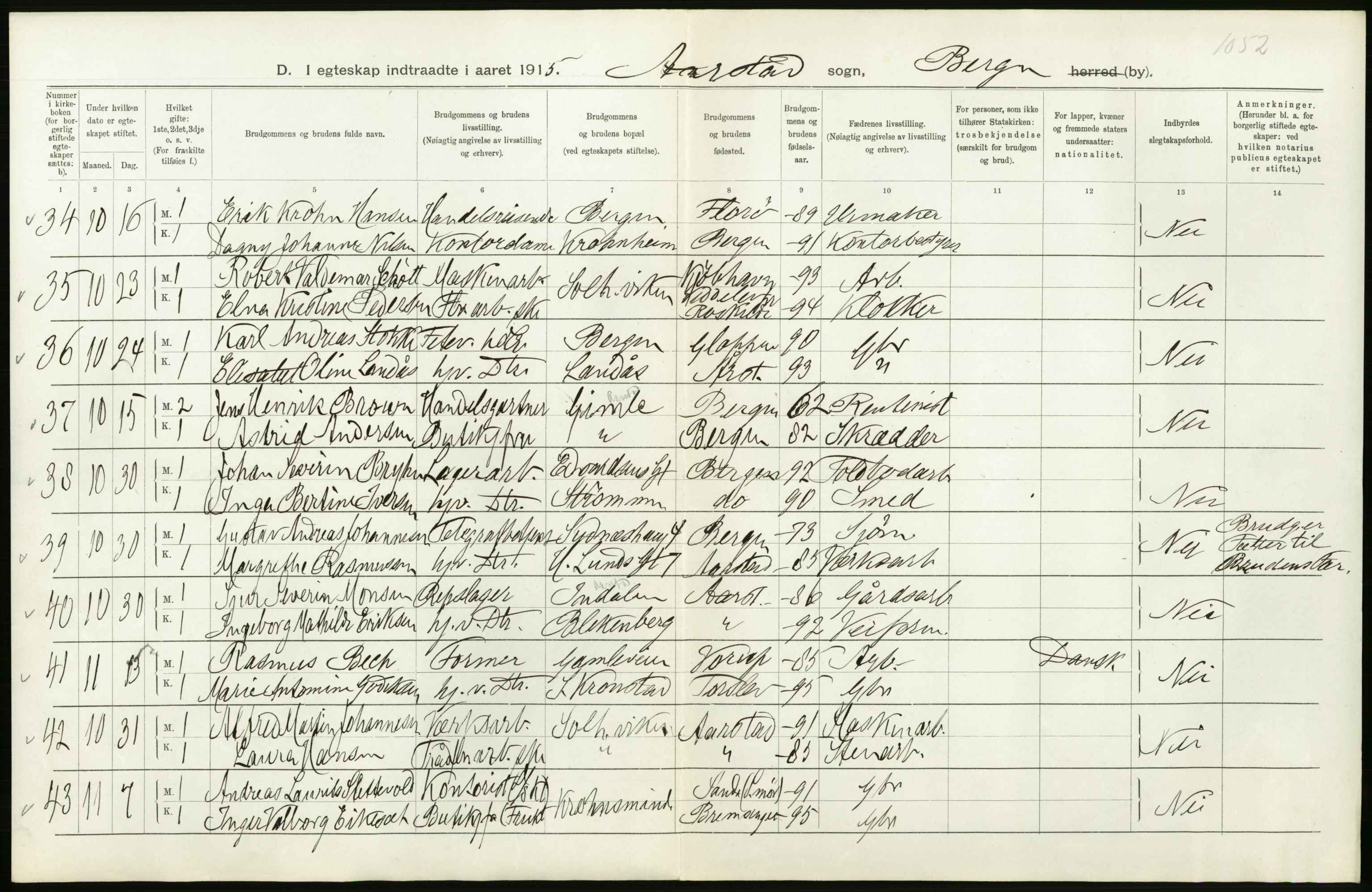 Statistisk sentralbyrå, Sosiodemografiske emner, Befolkning, AV/RA-S-2228/D/Df/Dfb/Dfbe/L0034: Bergen: Gifte, døde, dødfødte., 1915, p. 8