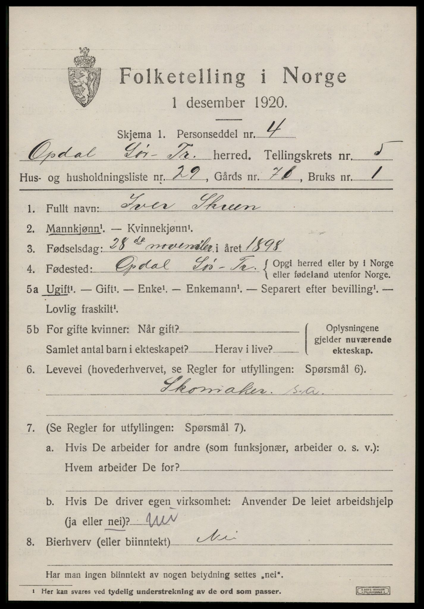 SAT, 1920 census for Oppdal, 1920, p. 5287