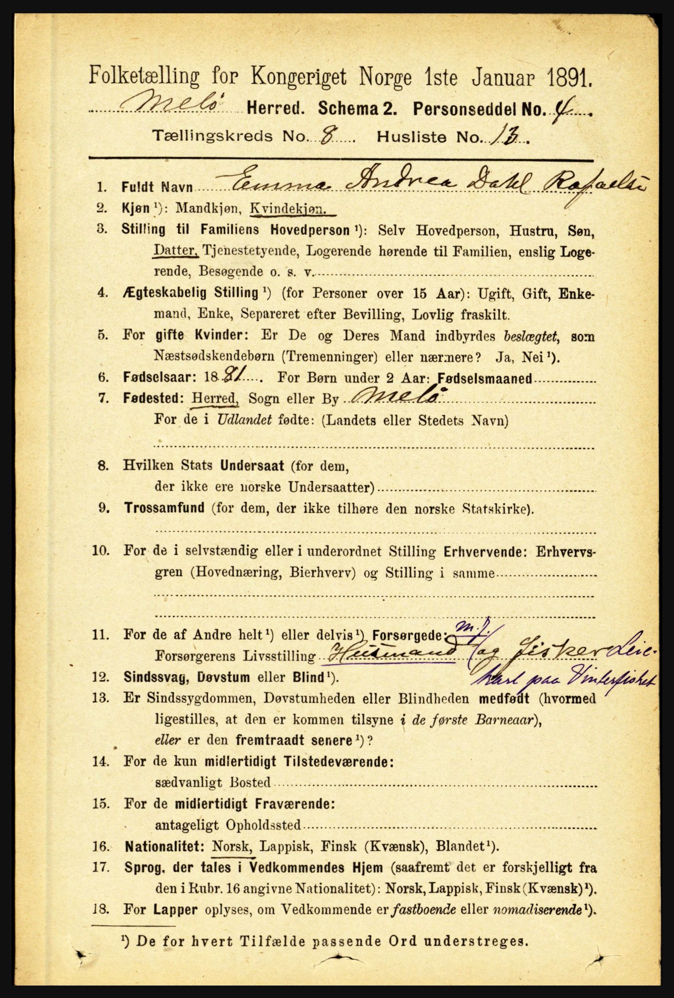 RA, 1891 census for 1837 Meløy, 1891, p. 3420