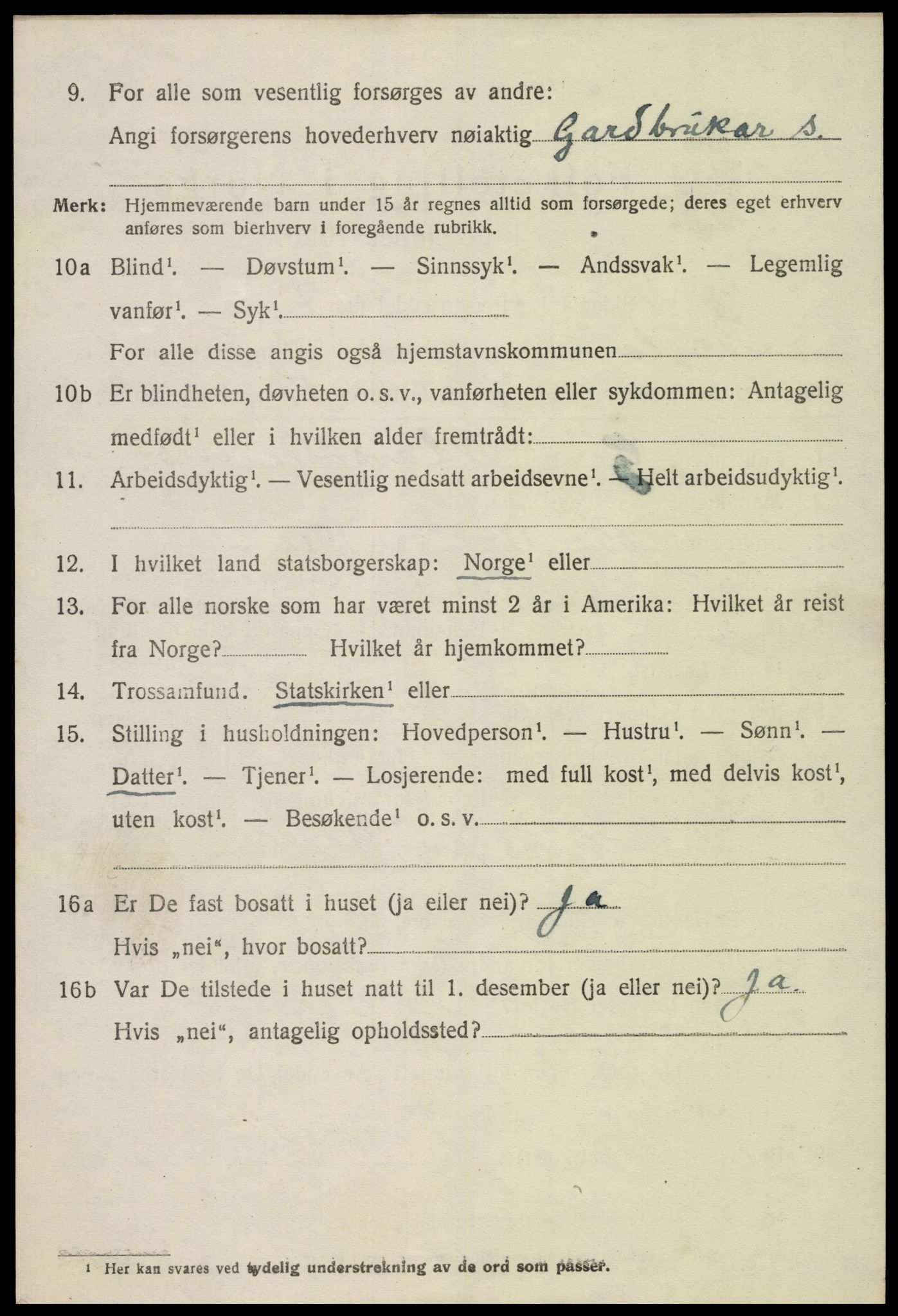 SAK, 1920 census for Bygland, 1920, p. 1852