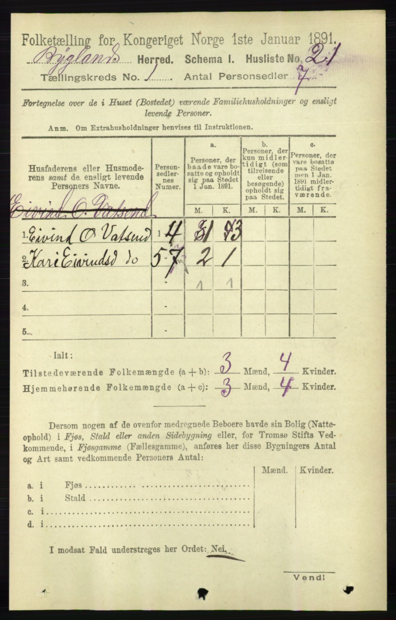 RA, 1891 census for 0938 Bygland, 1891, p. 48