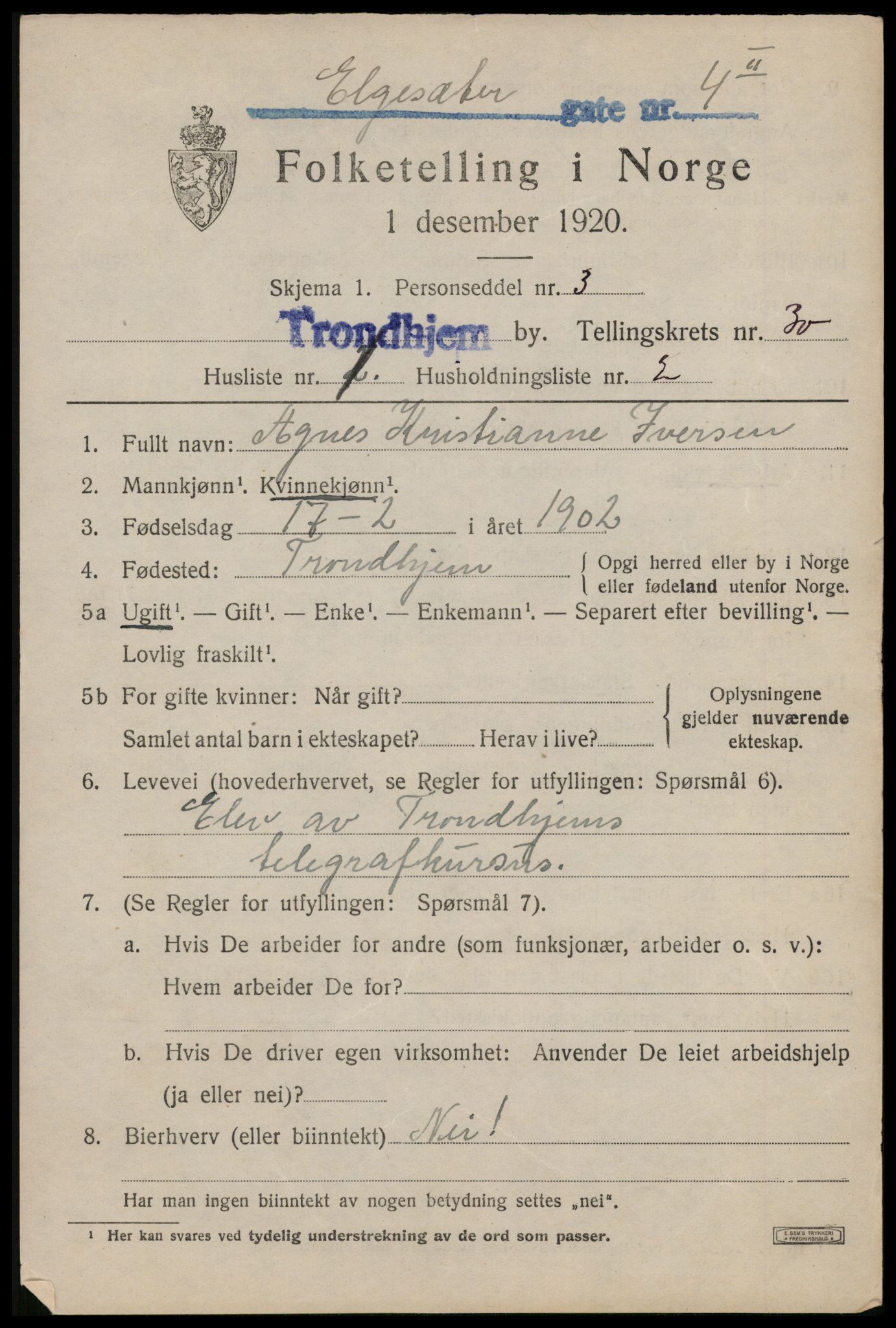 SAT, 1920 census for Trondheim, 1920, p. 73500