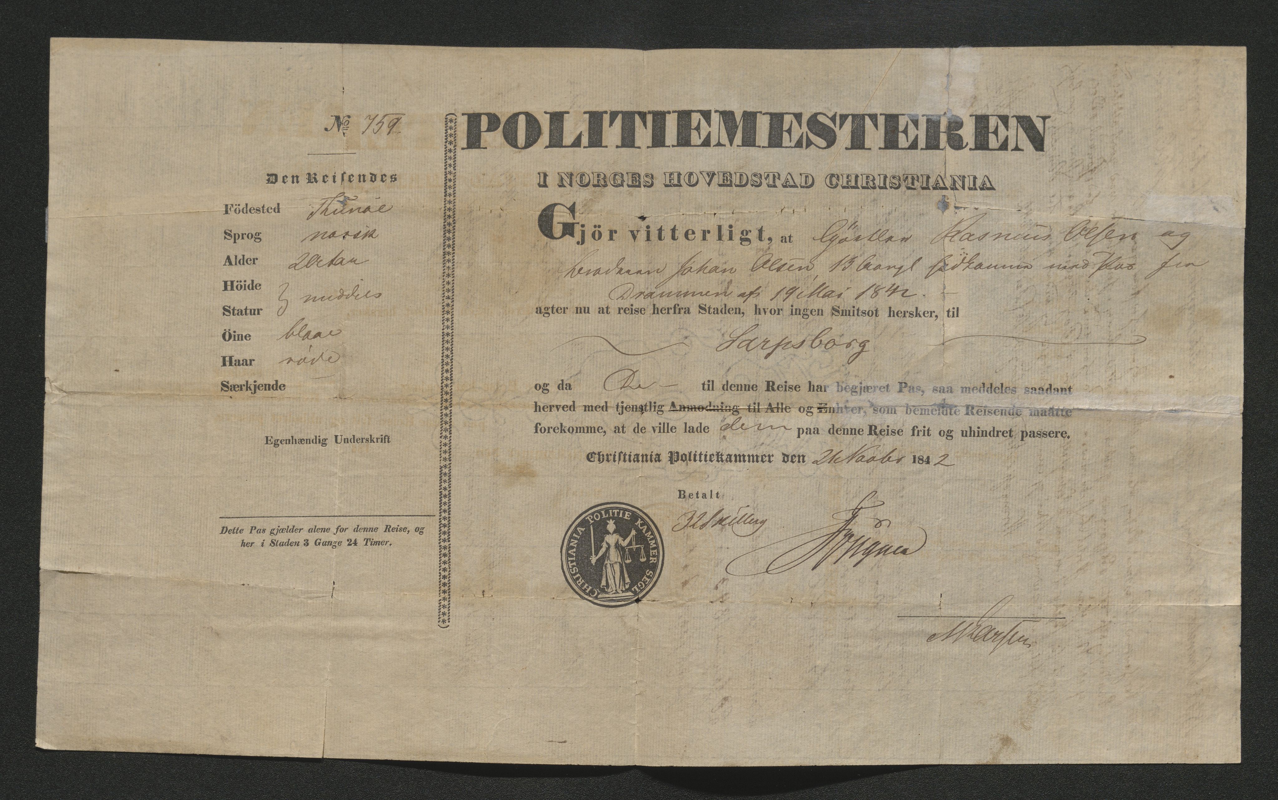 Drammen politikammer, SAKO/A-623/I/Ia/Iab/L0007: Innleverte pass, 1843-1844, p. 119