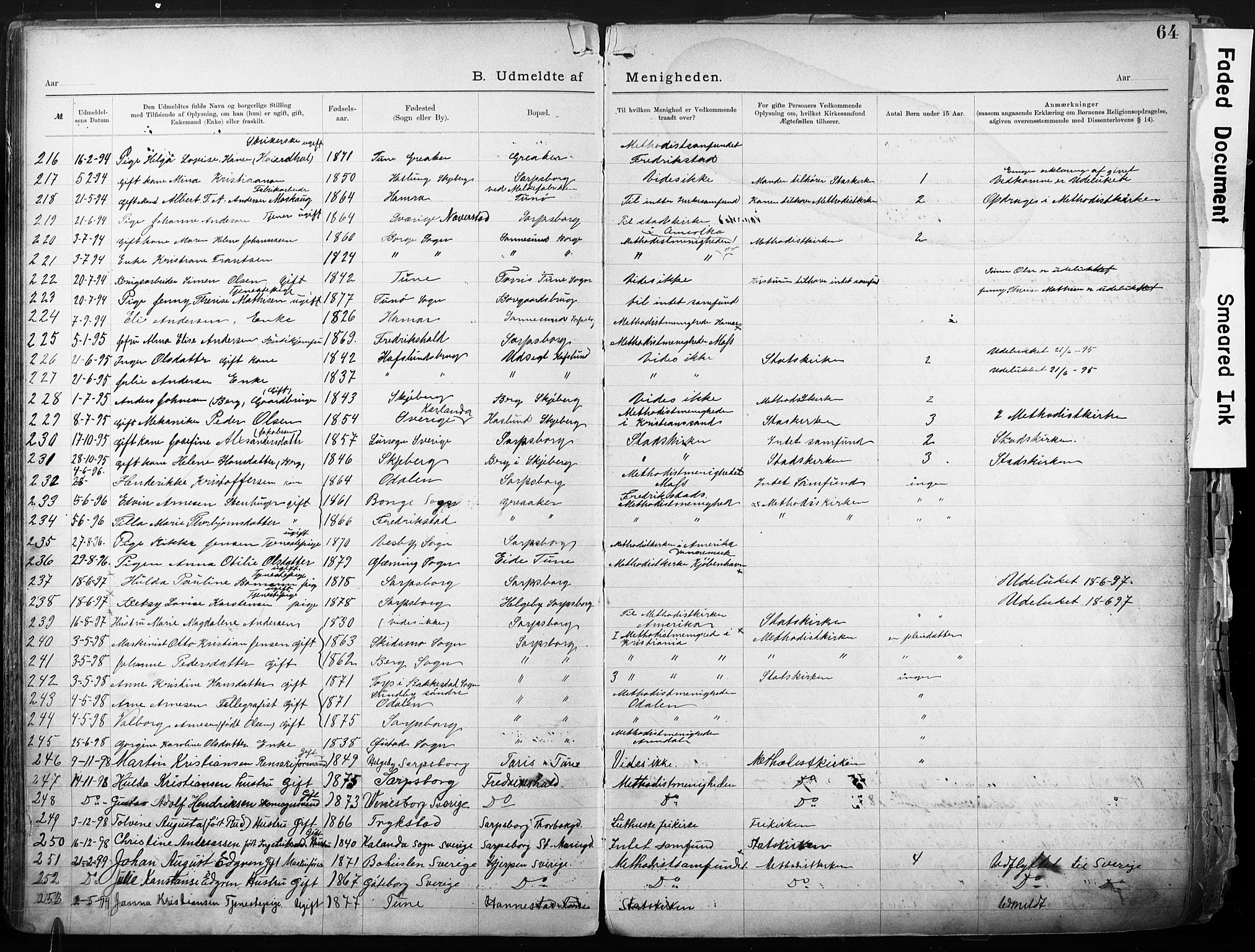Sarpsborg metodistkirke, SAO/PAO-0233/A/L0004: Dissenter register no. 4, 1892-1923, p. 64