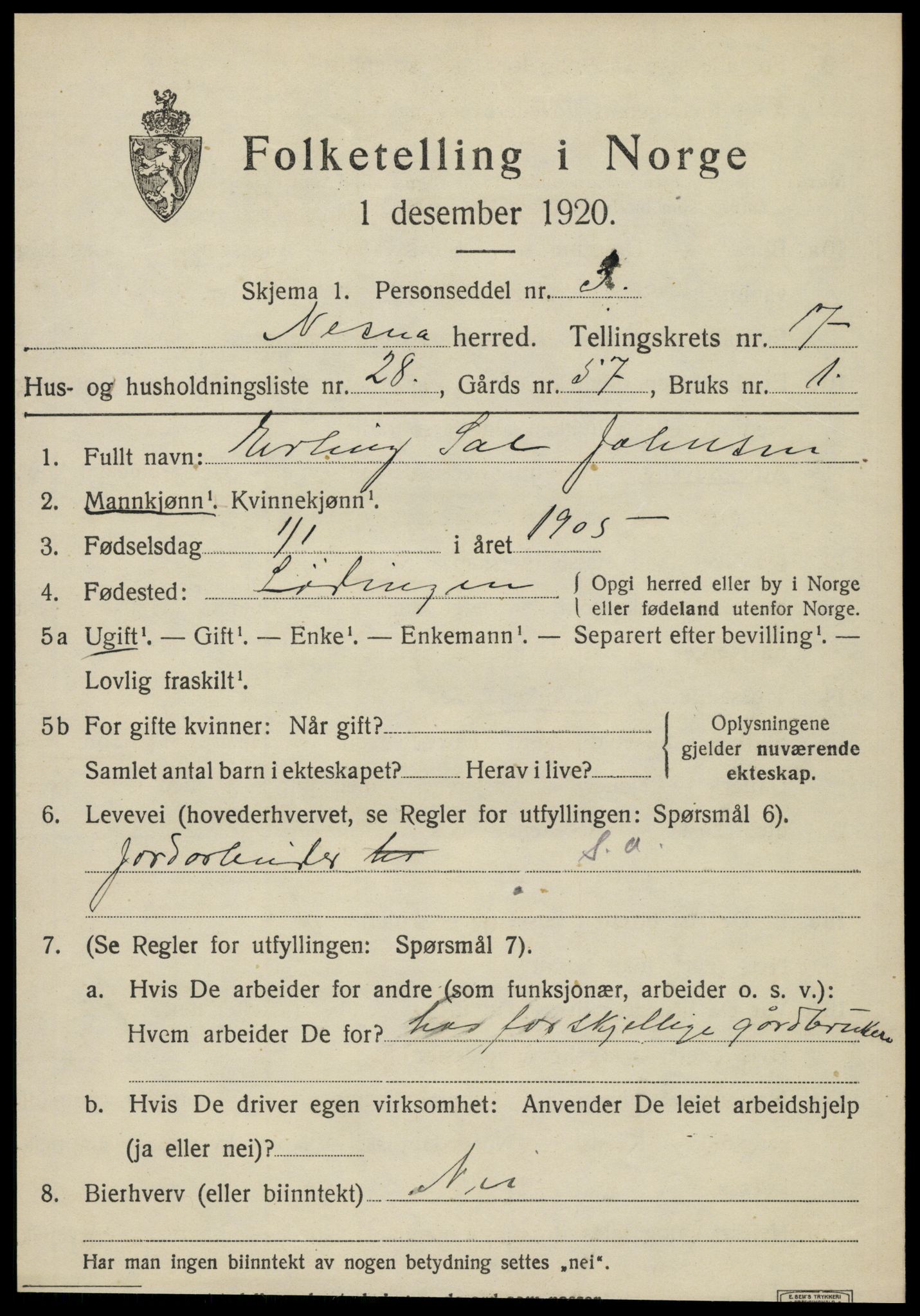 SAT, 1920 census for Nesna, 1920, p. 5737