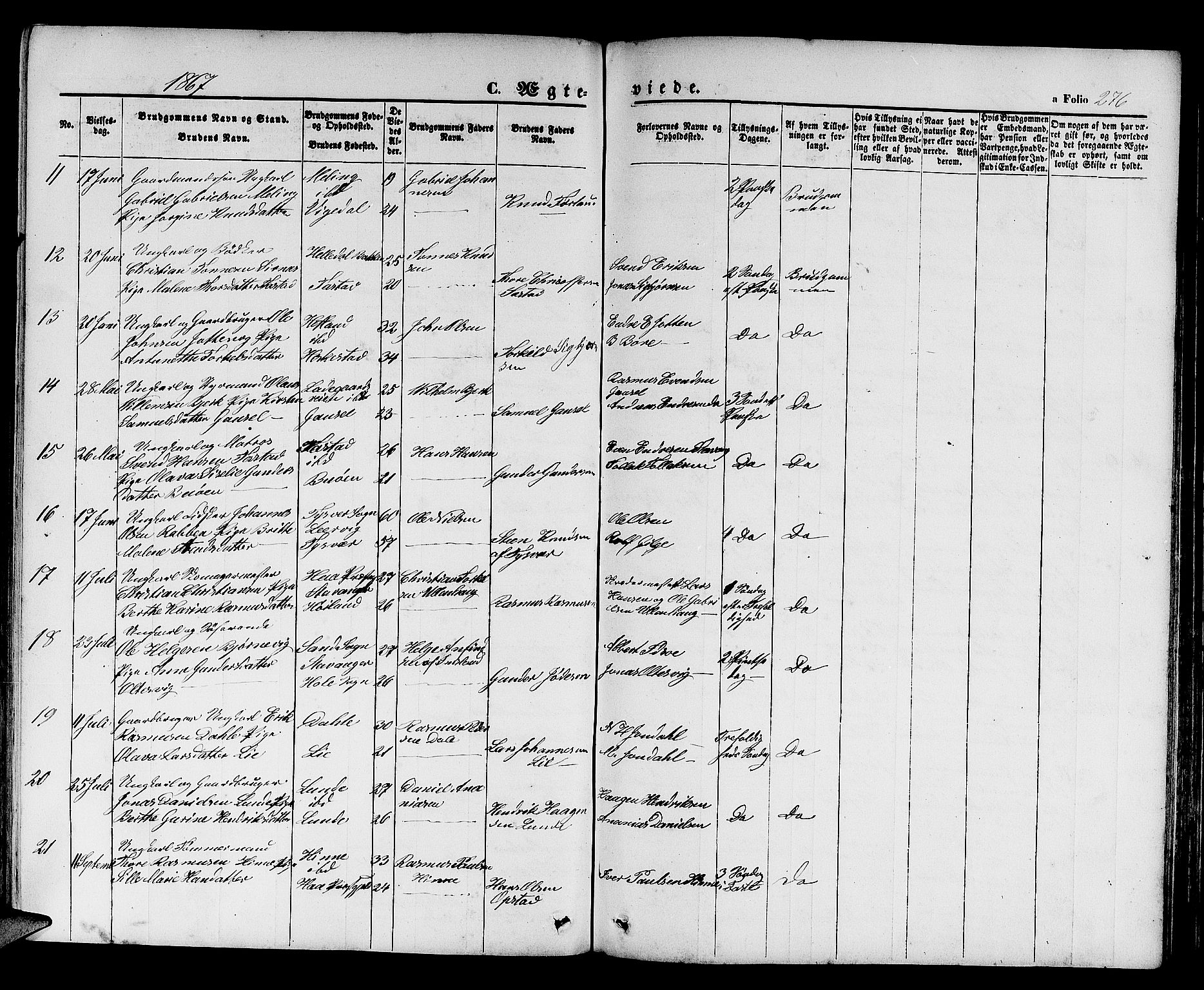 Hetland sokneprestkontor, SAST/A-101826/30/30BB/L0003: Parish register (copy) no. B 3, 1863-1877, p. 276