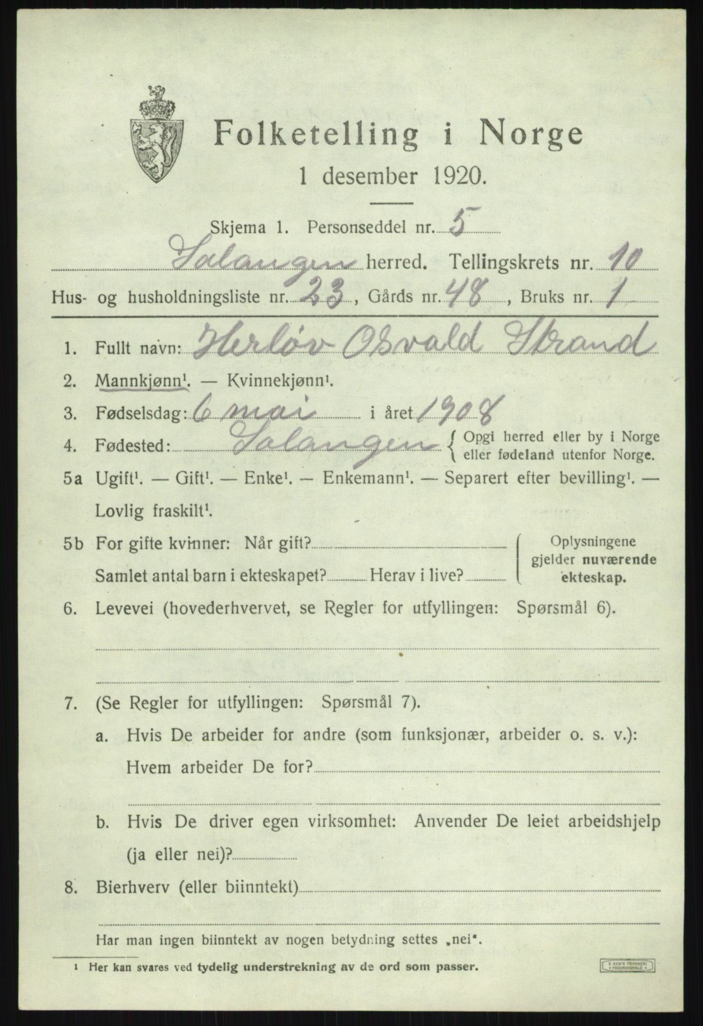 SATØ, 1920 census for Salangen, 1920, p. 6530