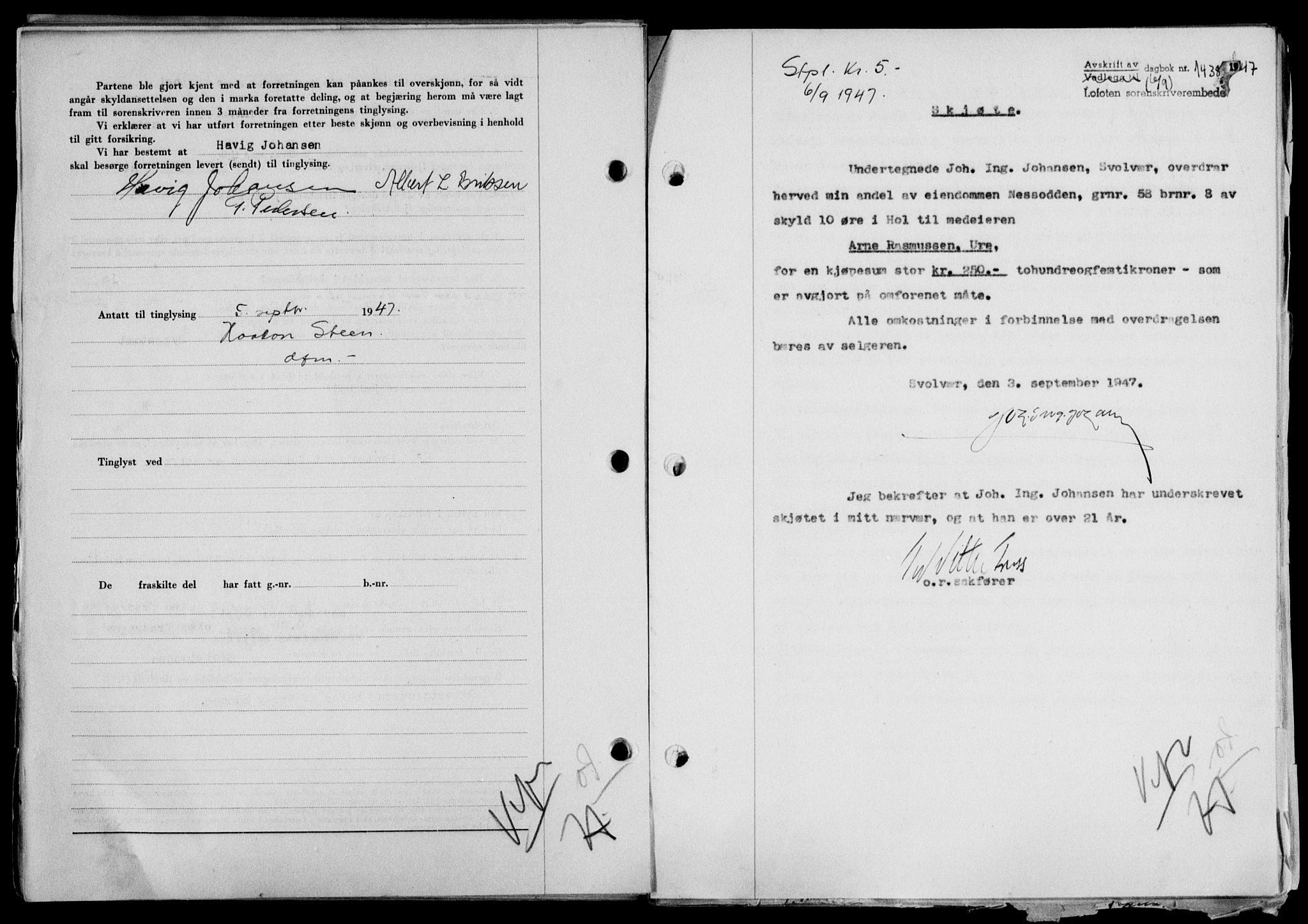 Lofoten sorenskriveri, SAT/A-0017/1/2/2C/L0016a: Mortgage book no. 16a, 1947-1947, Diary no: : 1438/1947