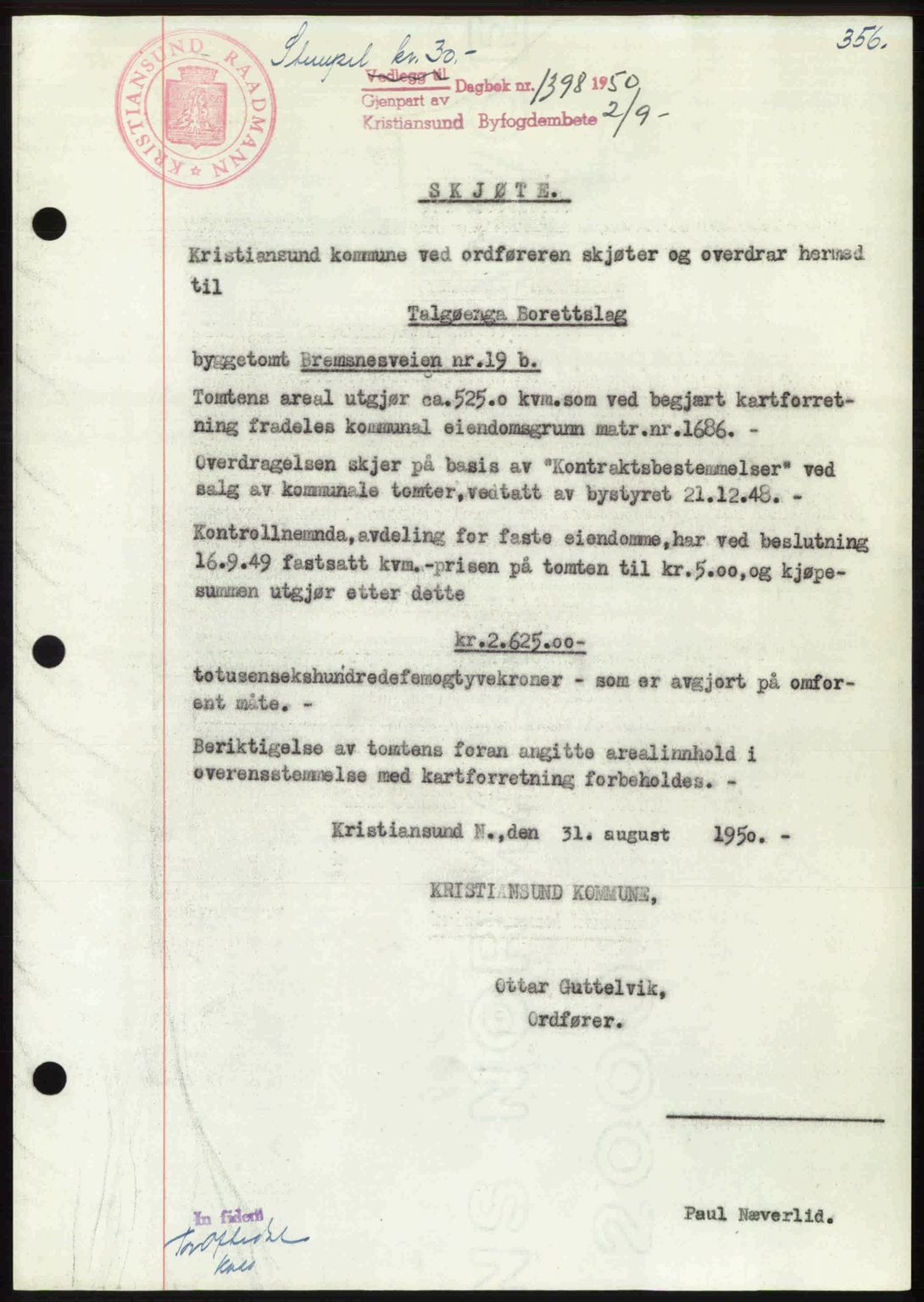 Kristiansund byfogd, AV/SAT-A-4587/A/27: Mortgage book no. 46, 1949-1950, Diary no: : 1398/1950