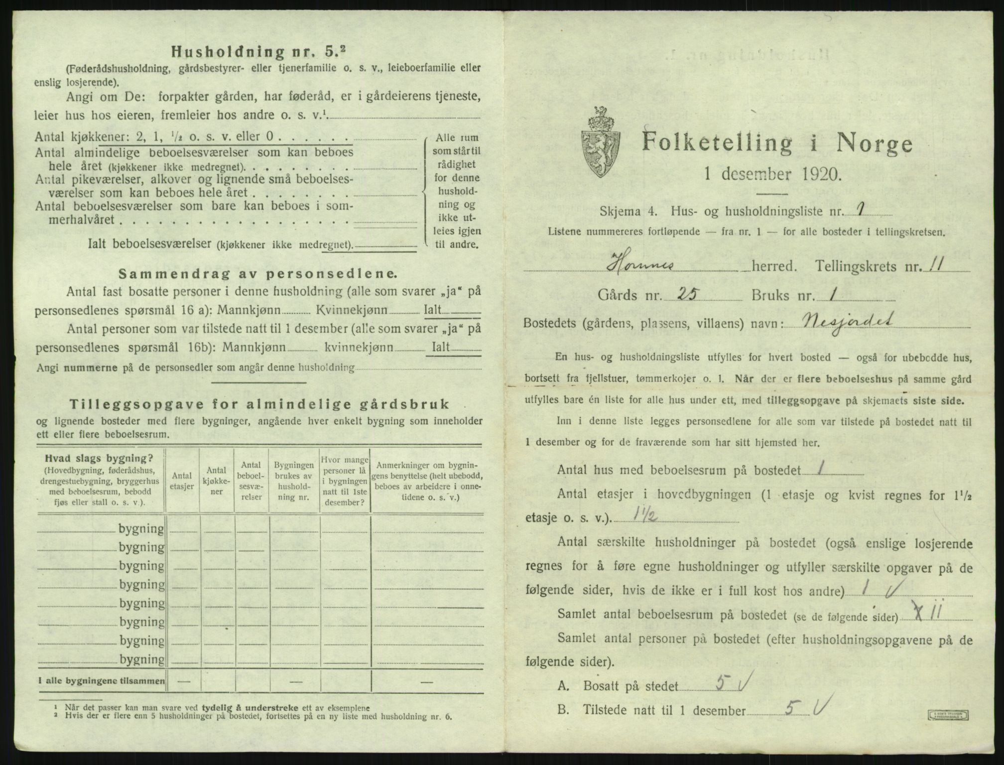 SAK, 1920 census for Hornnes, 1920, p. 431