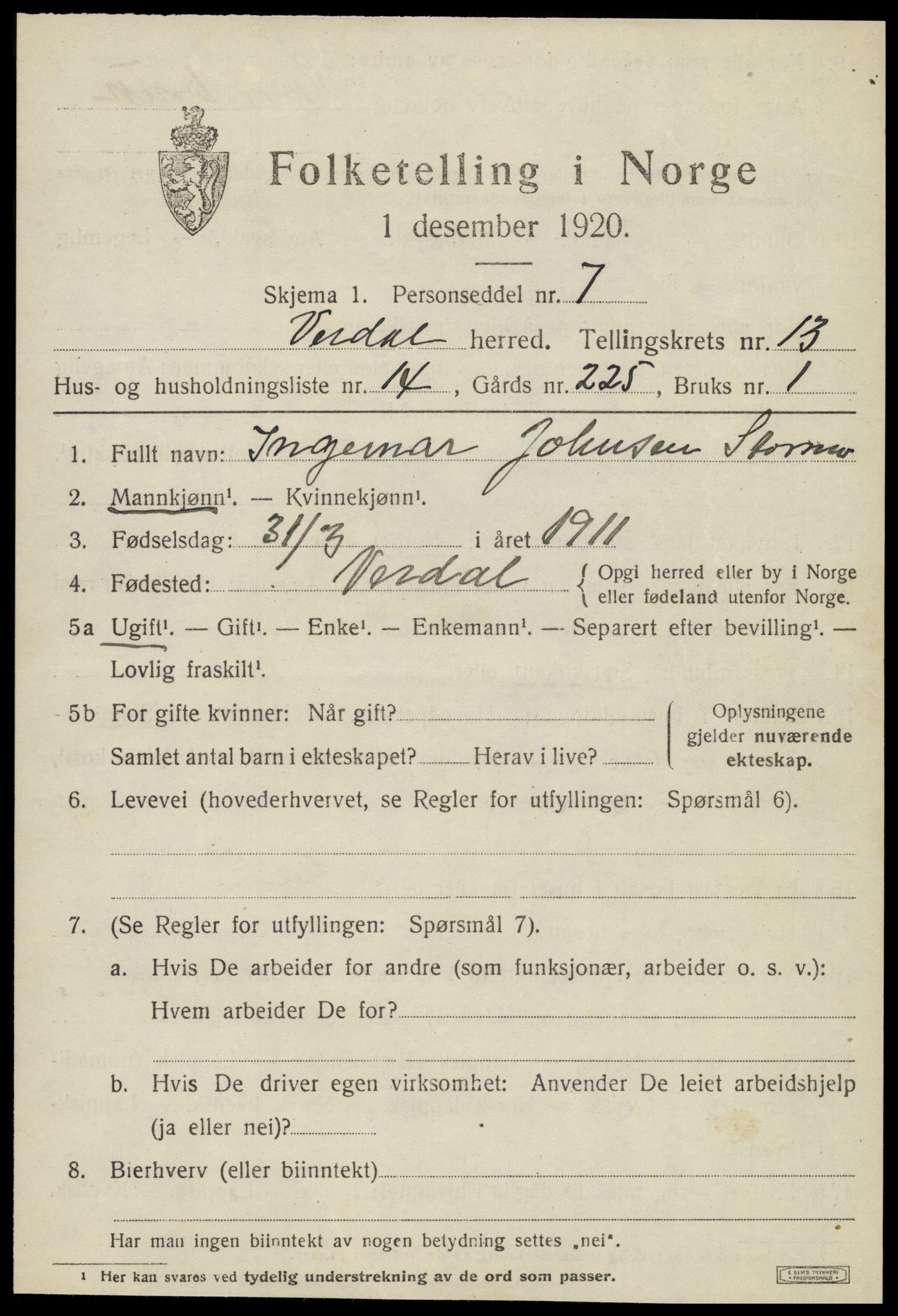 SAT, 1920 census for Verdal, 1920, p. 13661