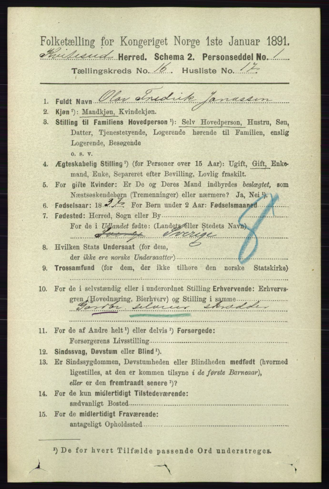 RA, 1891 census for 0829 Kviteseid, 1891, p. 3737