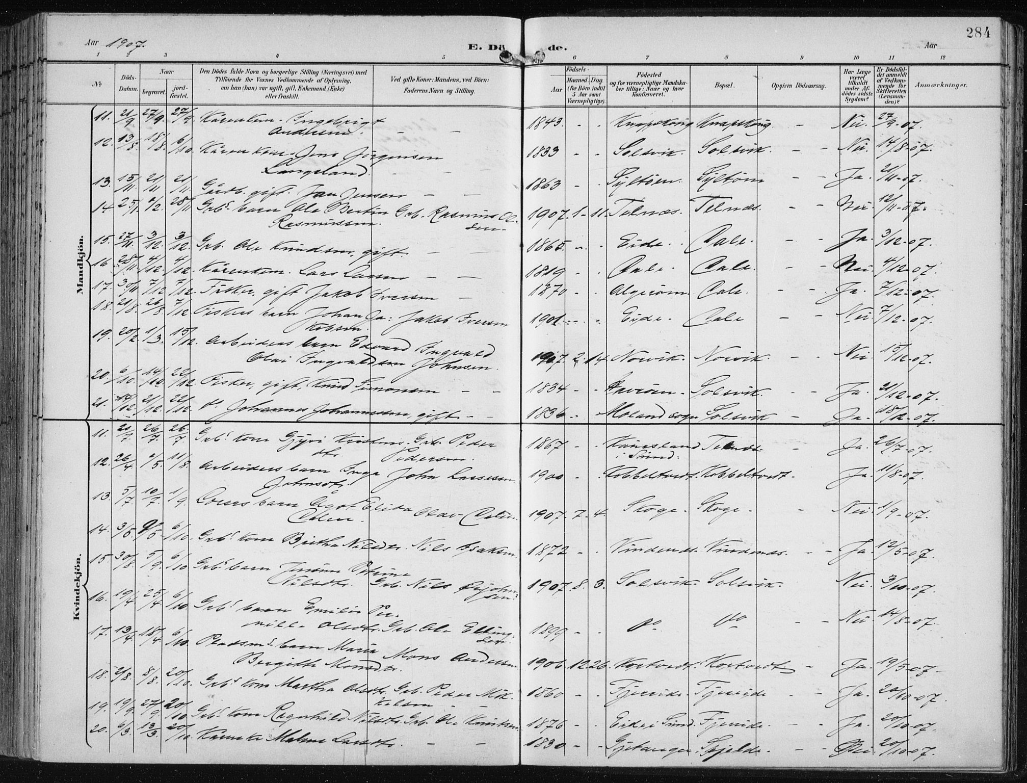 Fjell sokneprestembete, SAB/A-75301/H/Haa: Parish register (official) no. A  9, 1899-1910, p. 284