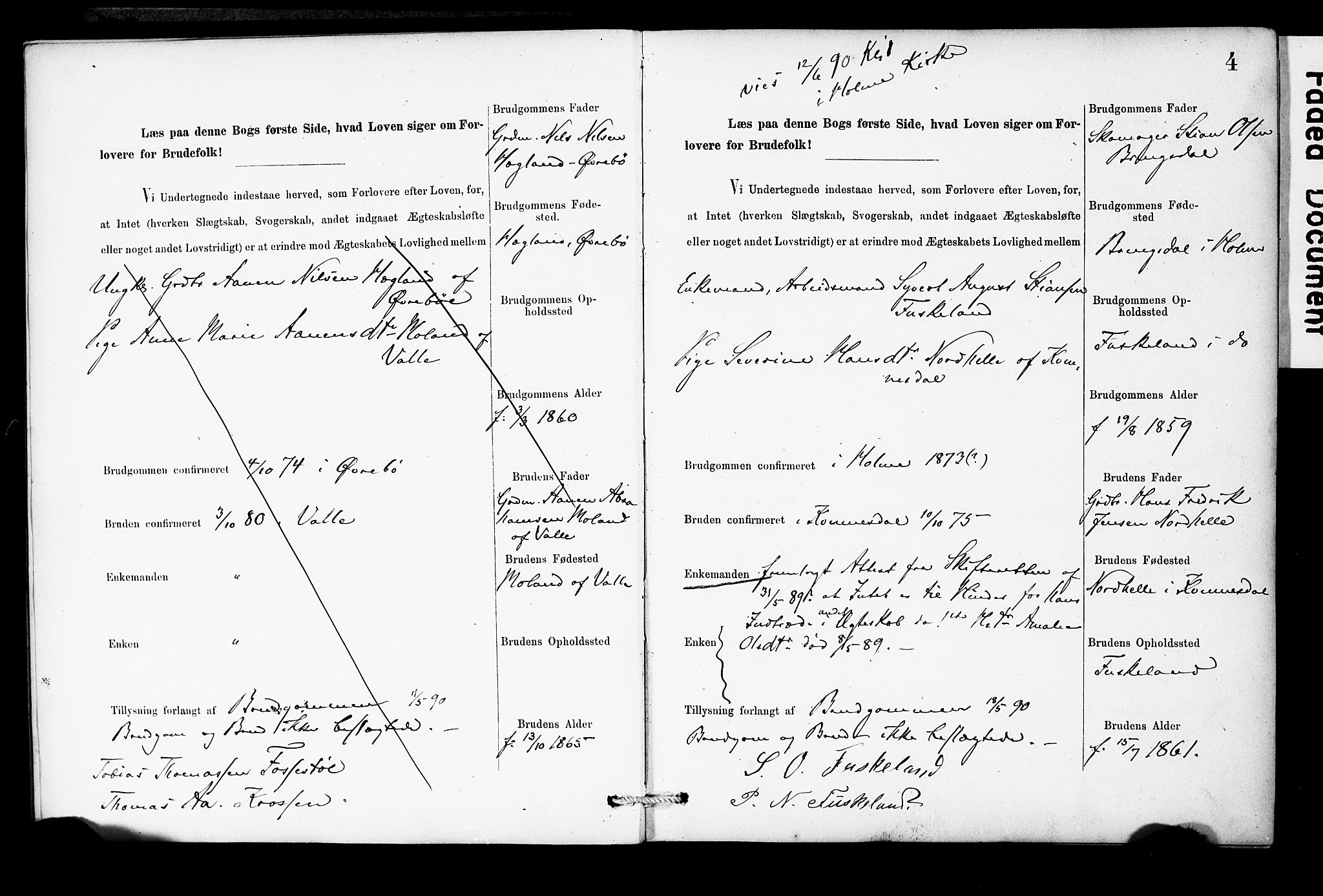 Holum sokneprestkontor, SAK/1111-0022/F/Fe/L0004: Banns register no. II 5 4, 1890-1914, p. 4
