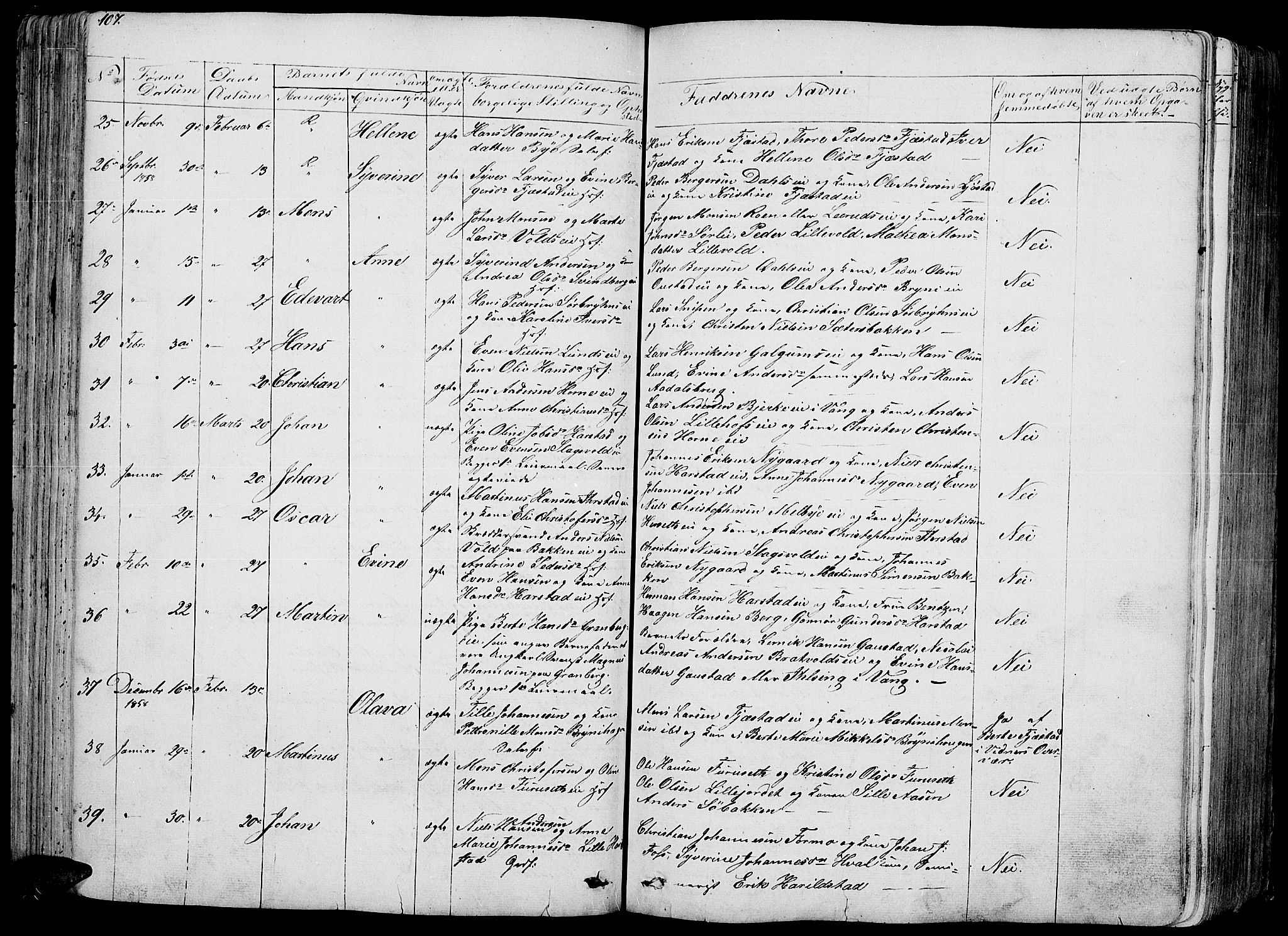 Romedal prestekontor, SAH/PREST-004/L/L0009: Parish register (copy) no. 9, 1846-1866, p. 107