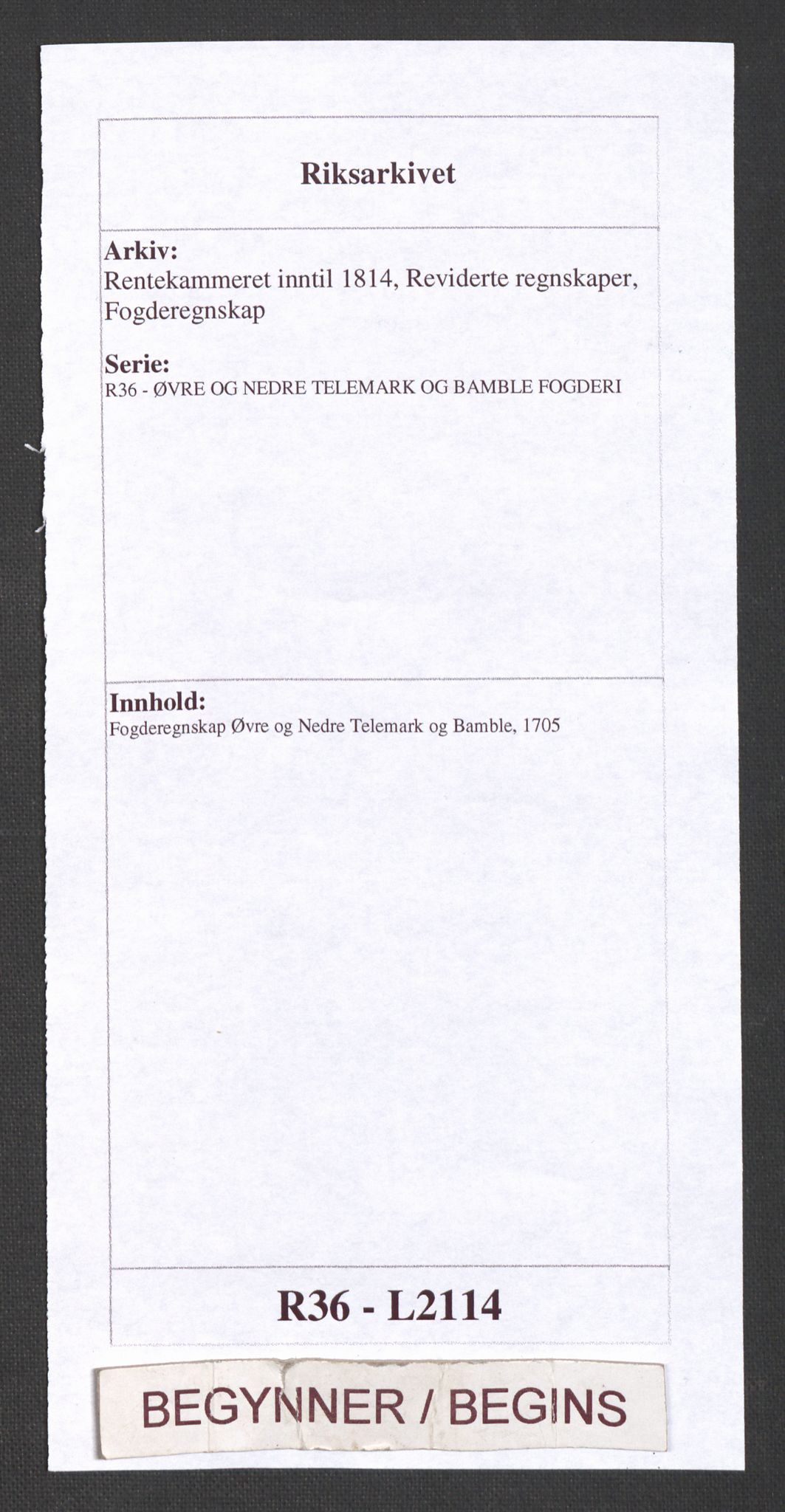 Rentekammeret inntil 1814, Reviderte regnskaper, Fogderegnskap, RA/EA-4092/R36/L2114: Fogderegnskap Øvre og Nedre Telemark og Bamble, 1705, p. 1