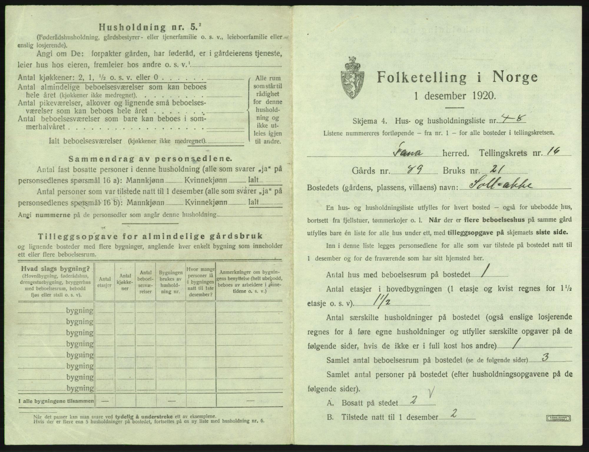 SAB, 1920 census for Fana, 1920, p. 2659