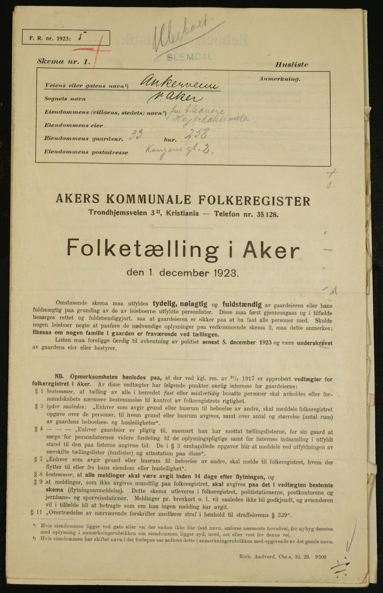 , Municipal Census 1923 for Aker, 1923, p. 7420