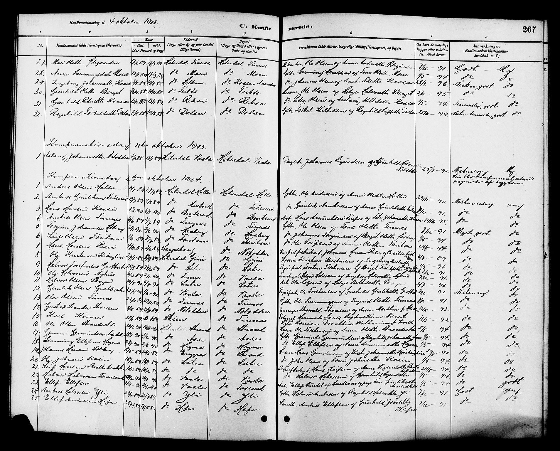 Heddal kirkebøker, SAKO/A-268/G/Ga/L0002: Parish register (copy) no. I 2, 1879-1908, p. 267