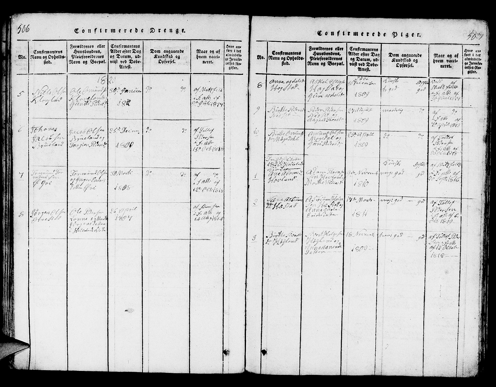 Helleland sokneprestkontor, AV/SAST-A-101810: Parish register (copy) no. B 1, 1815-1841, p. 506-507