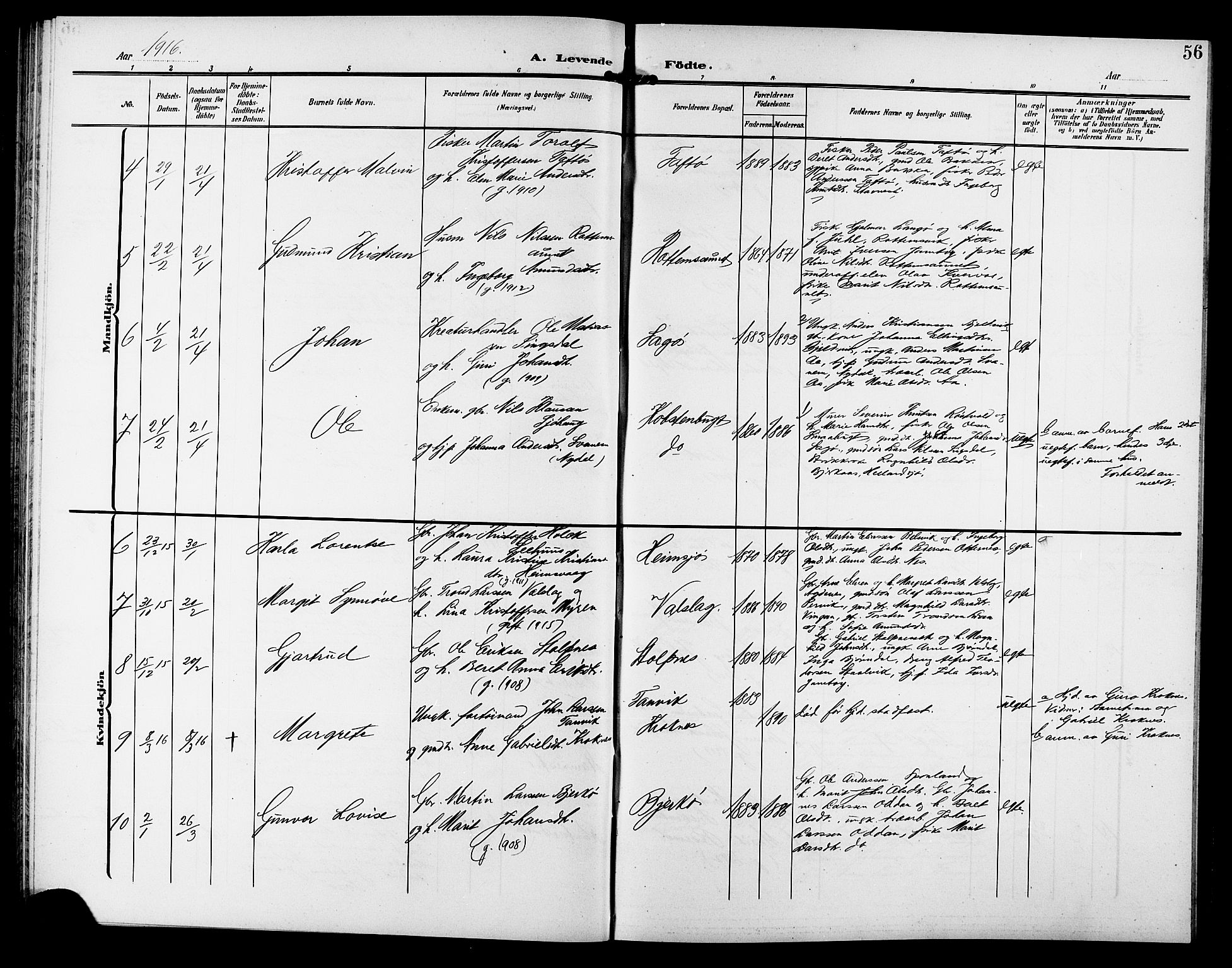 Ministerialprotokoller, klokkerbøker og fødselsregistre - Sør-Trøndelag, SAT/A-1456/633/L0520: Parish register (copy) no. 633C02, 1906-1921, p. 56