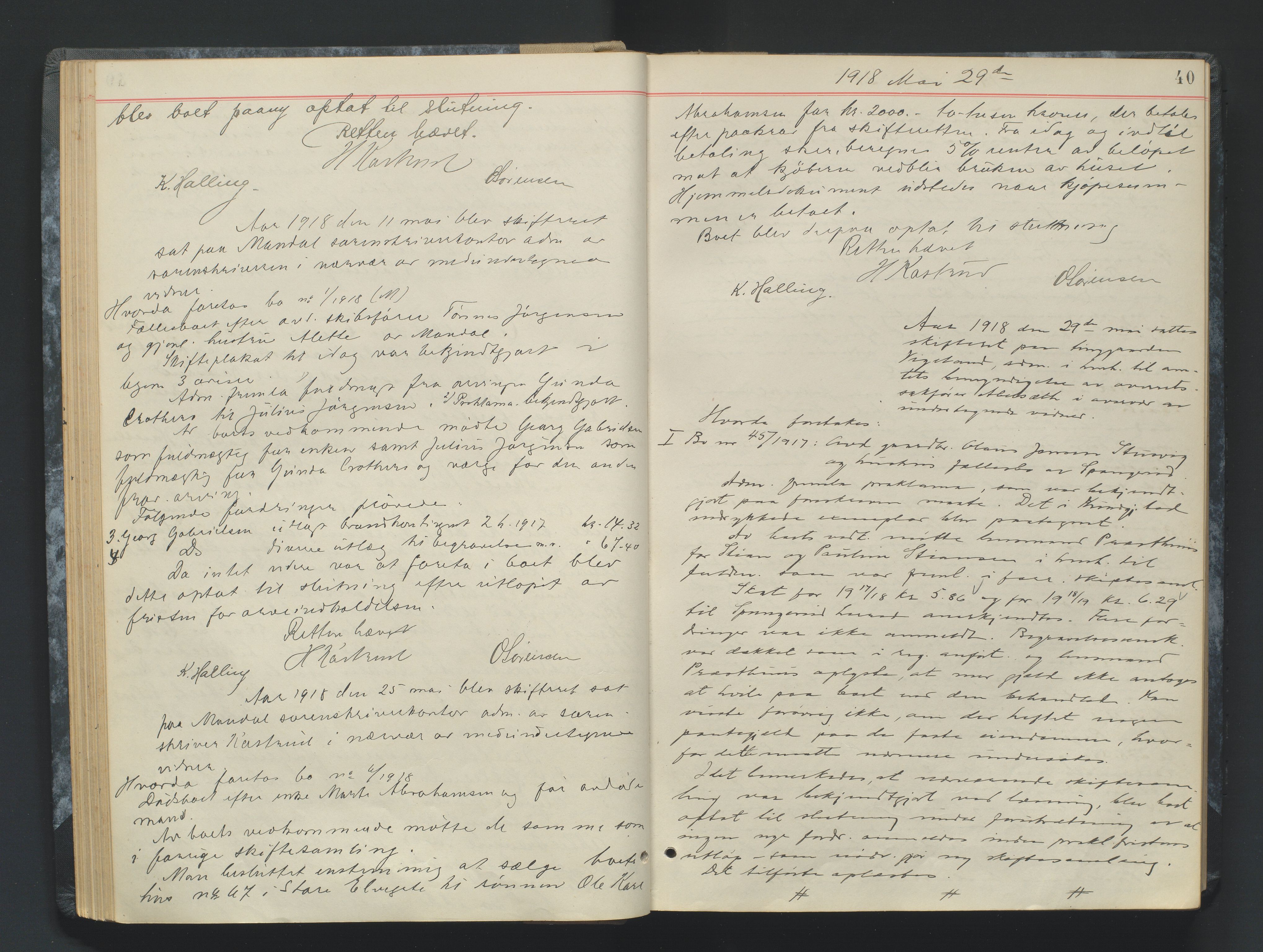 Mandal sorenskriveri, AV/SAK-1221-0005/001/H/Hc/L0083: Skifteforhandlingsprotokoll nr 15, 1917-1921, p. 40