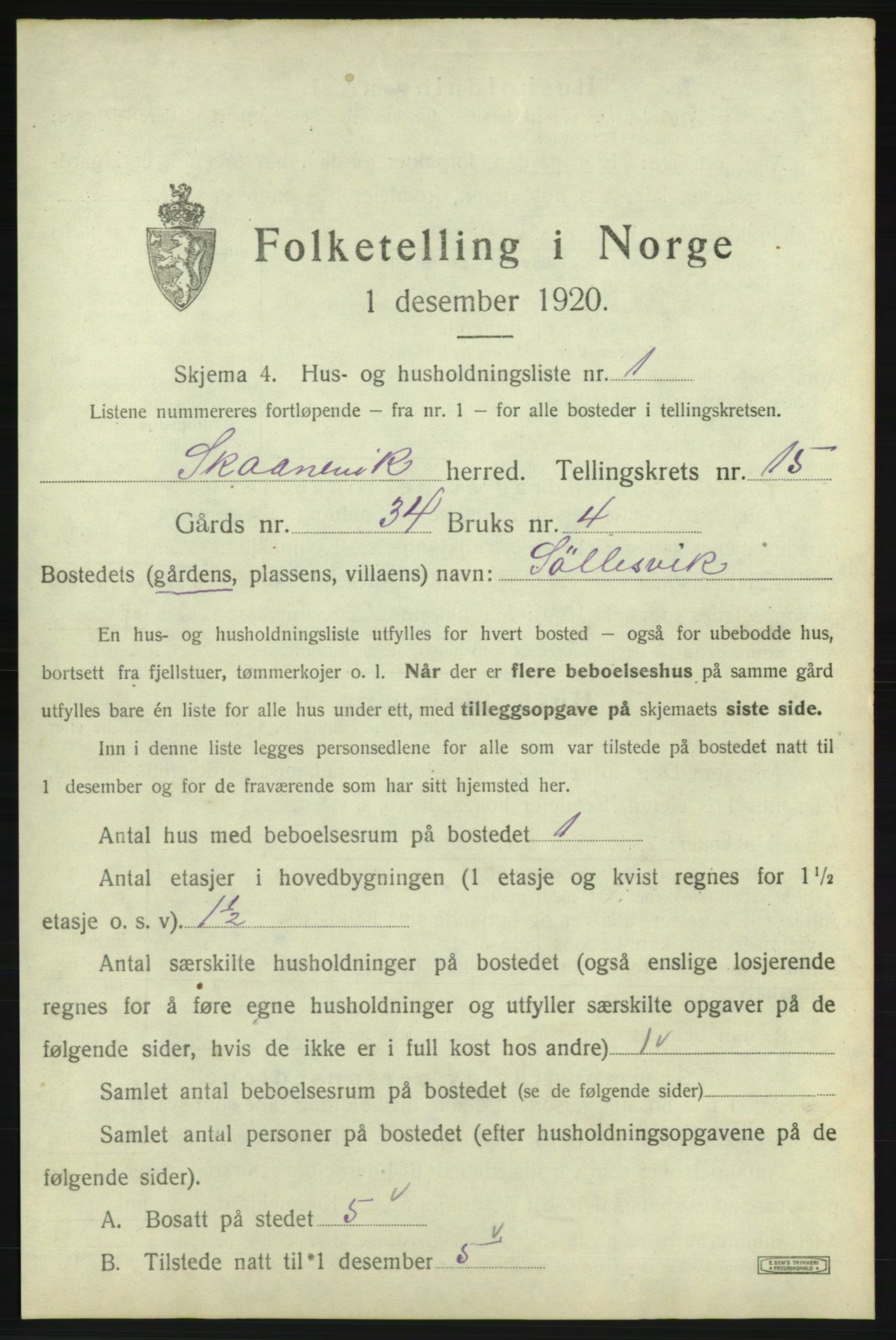 SAB, 1920 census for Skånevik, 1920, p. 1535