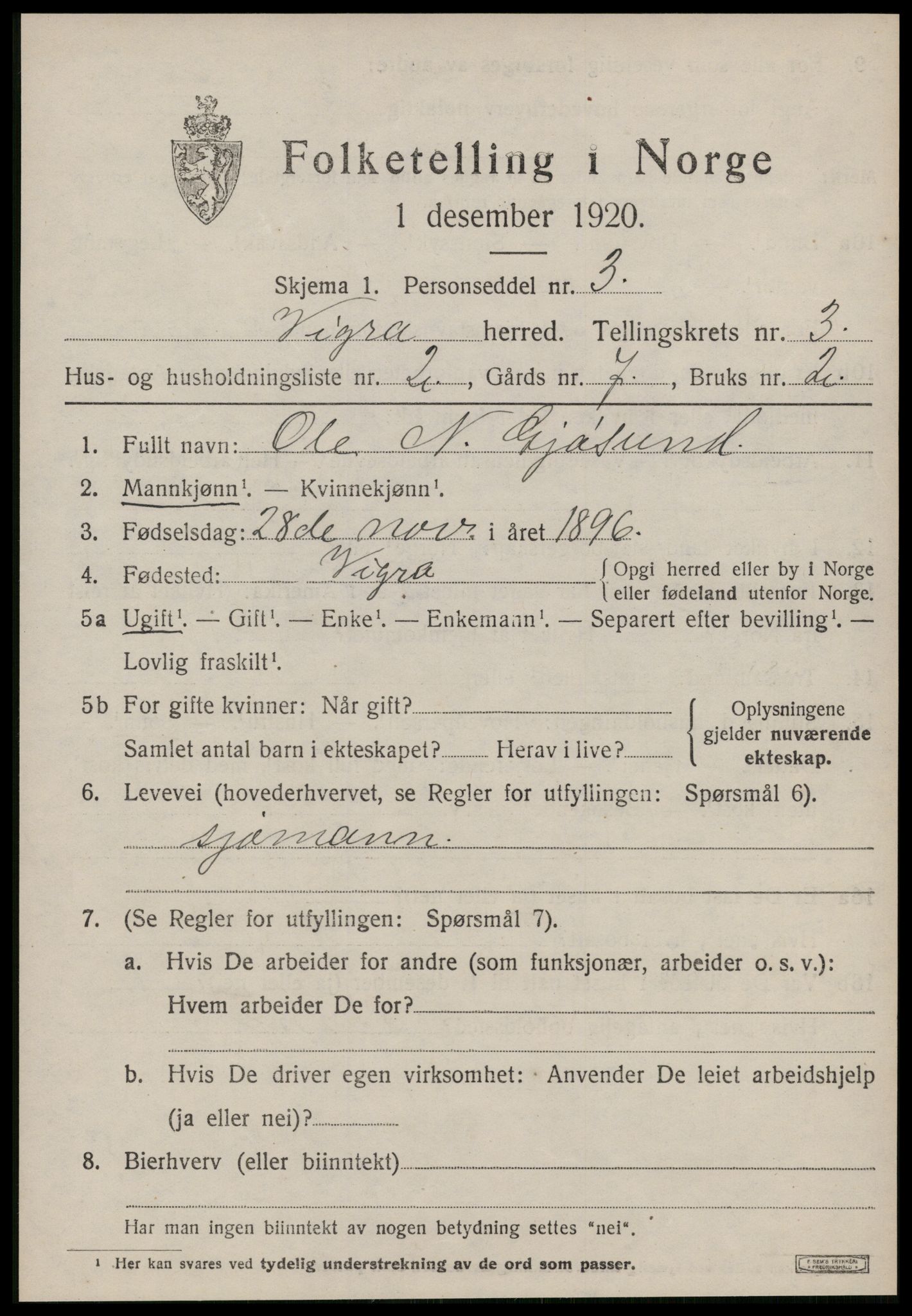 SAT, 1920 census for Vigra, 1920, p. 1274