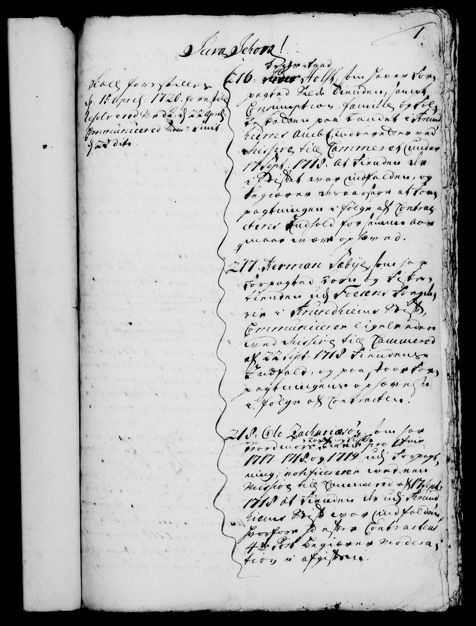 Rentekammeret, Kammerkanselliet, RA/EA-3111/G/Gh/Gha/L0001: Norsk ekstraktmemorialprotokoll, sak. 1-375 (merket RK 53.46), 1720, p. 1