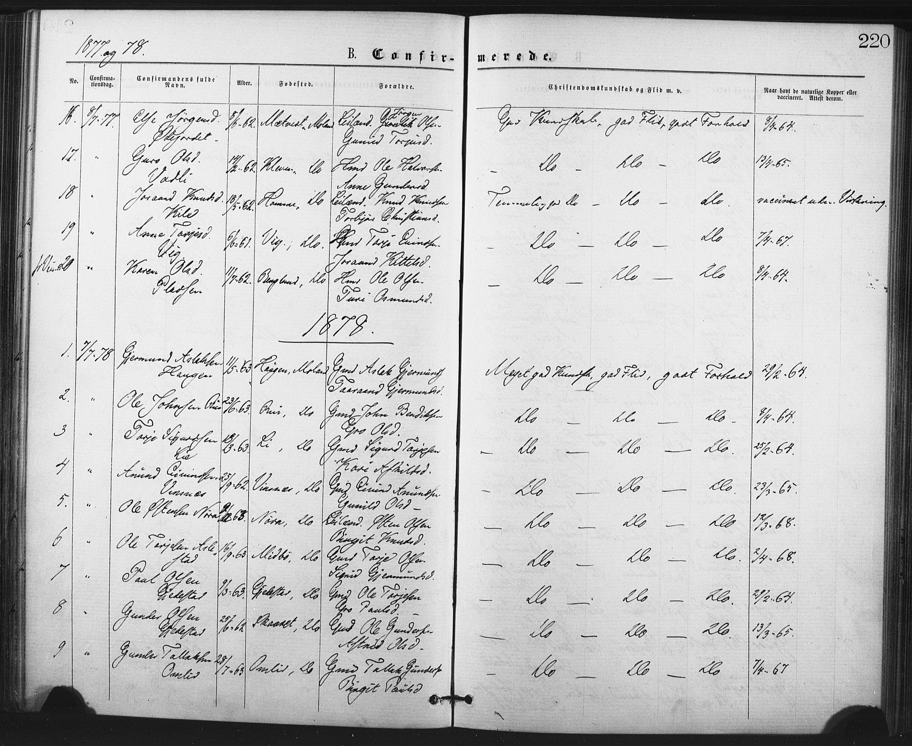 Fyresdal kirkebøker, SAKO/A-263/F/Fa/L0006: Parish register (official) no. I 6, 1872-1886, p. 220