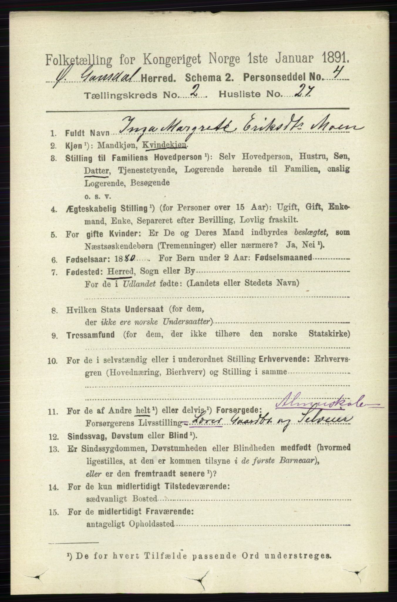 RA, 1891 census for 0522 Østre Gausdal, 1891, p. 1383