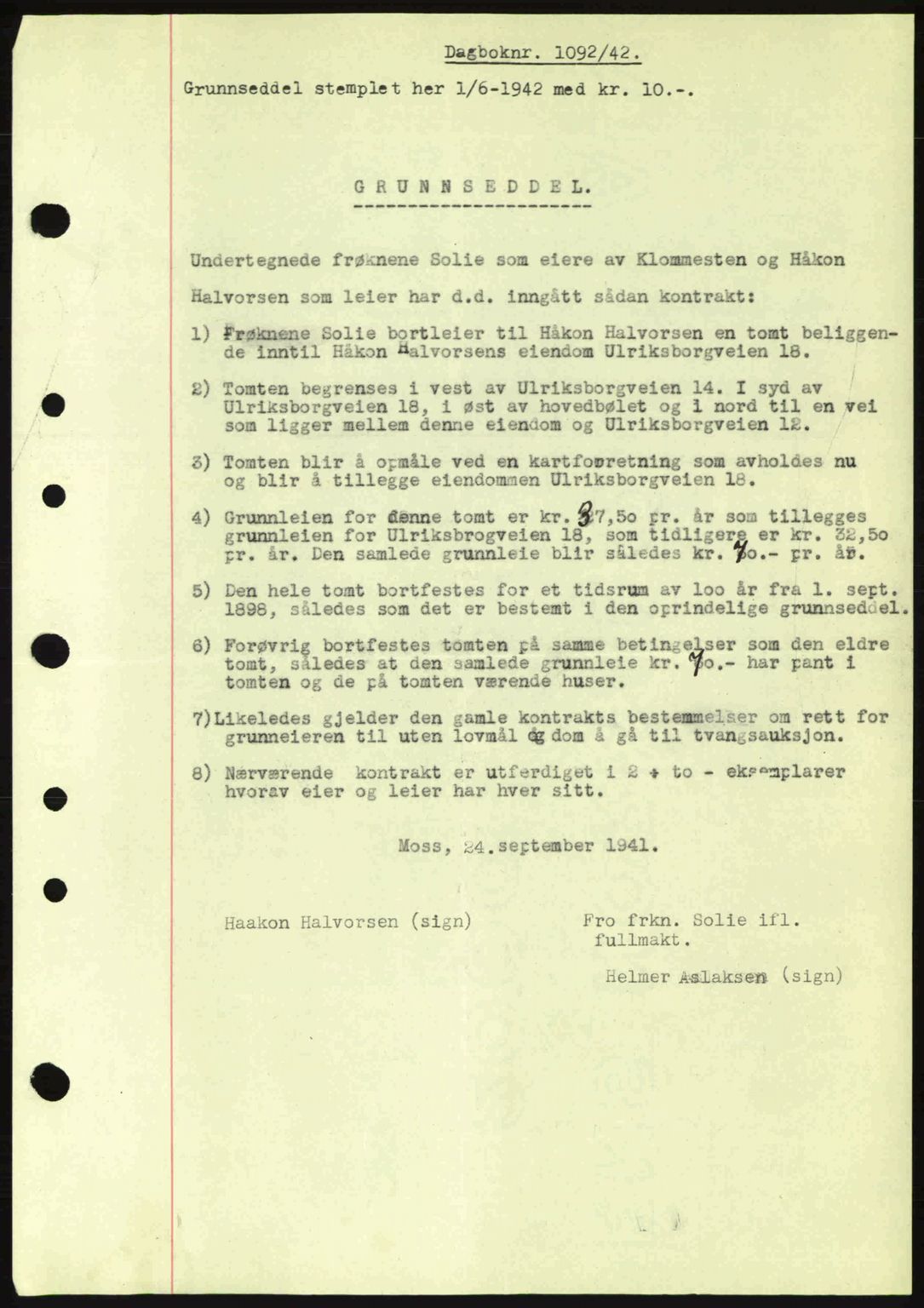 Moss sorenskriveri, SAO/A-10168: Mortgage book no. A9, 1941-1942, Diary no: : 1092/1942