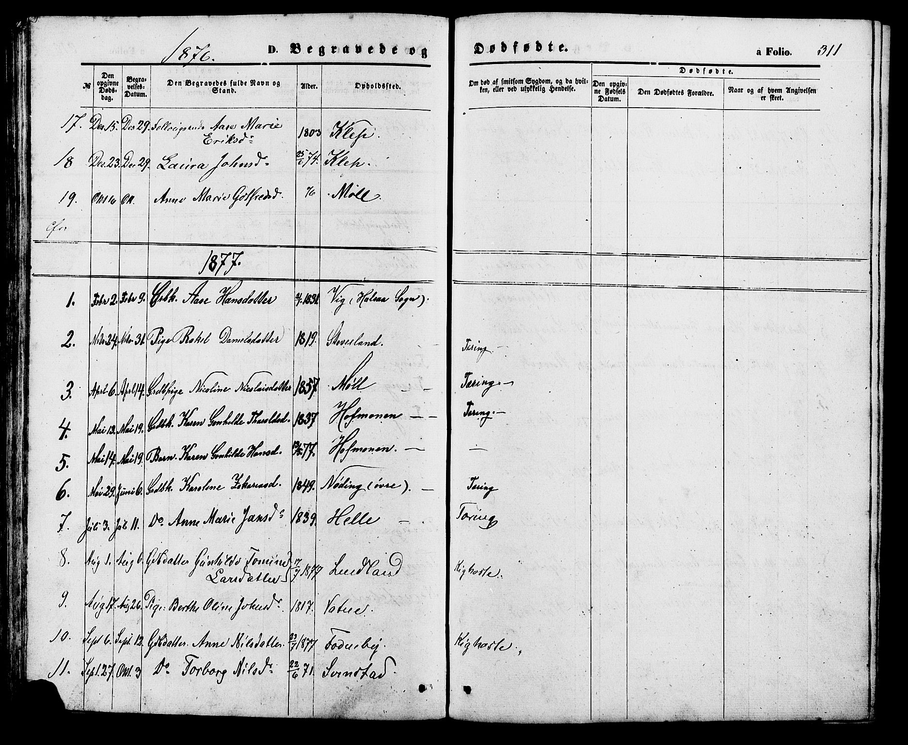 Holum sokneprestkontor, AV/SAK-1111-0022/F/Fb/Fba/L0004: Parish register (copy) no. B 4, 1867-1890, p. 311