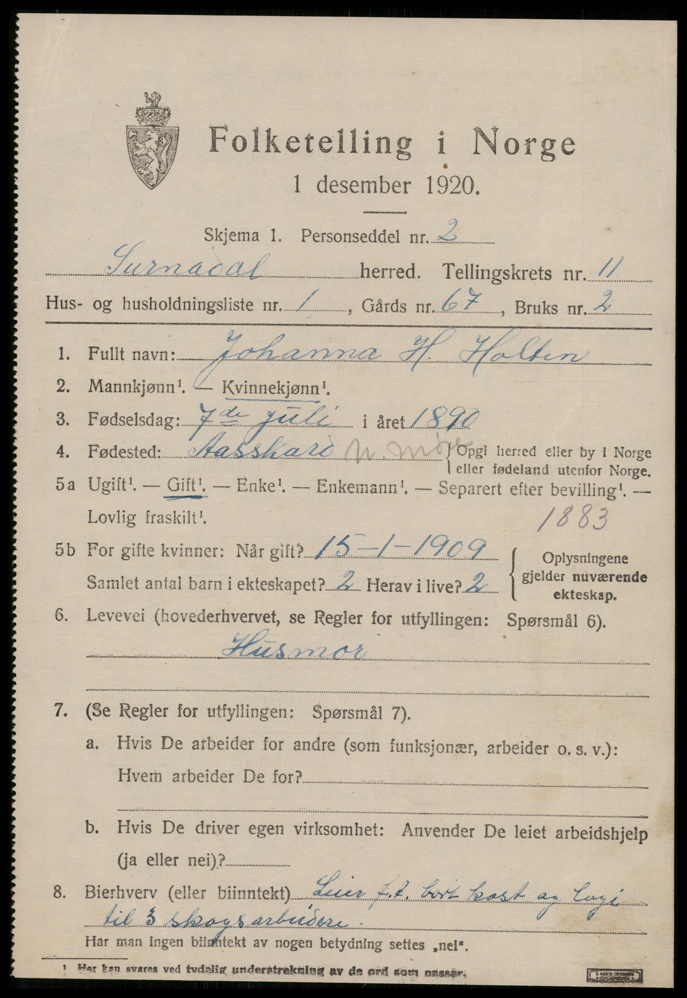 SAT, 1920 census for Surnadal, 1920, p. 7141