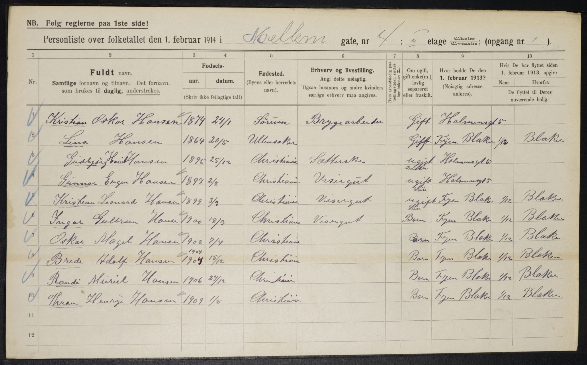 OBA, Municipal Census 1914 for Kristiania, 1914, p. 65016