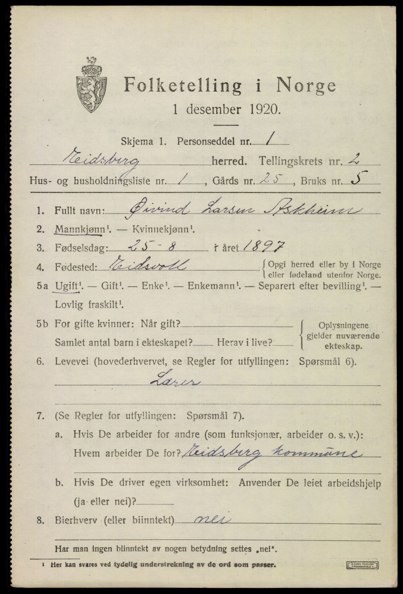 SAO, 1920 census for Eidsberg, 1920, p. 3181