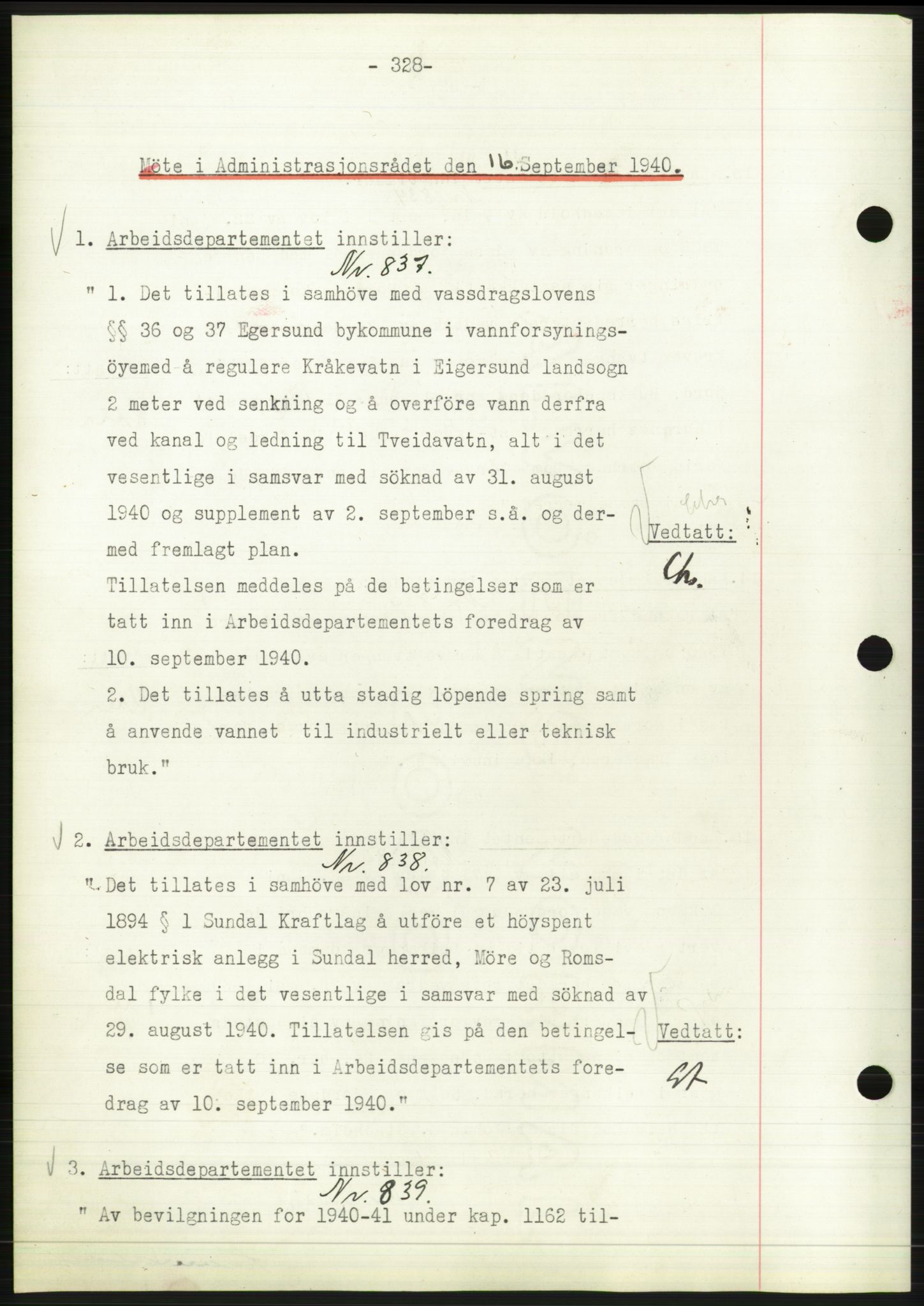 Administrasjonsrådet, AV/RA-S-1004/A/L0002: Vedtaksprotokoll 16/4-25/9, 1940, p. 332