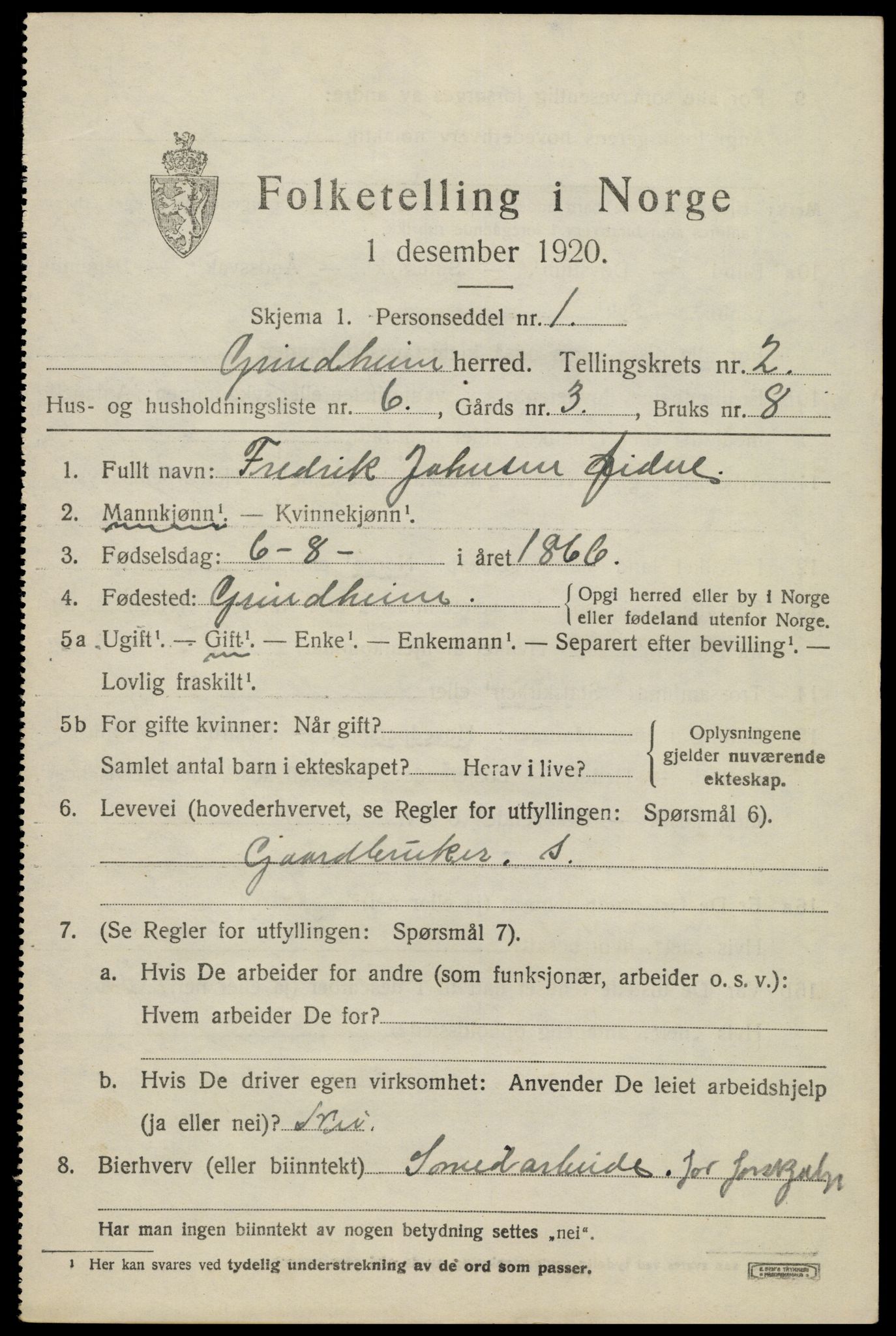 SAK, 1920 census for Grindheim, 1920, p. 601